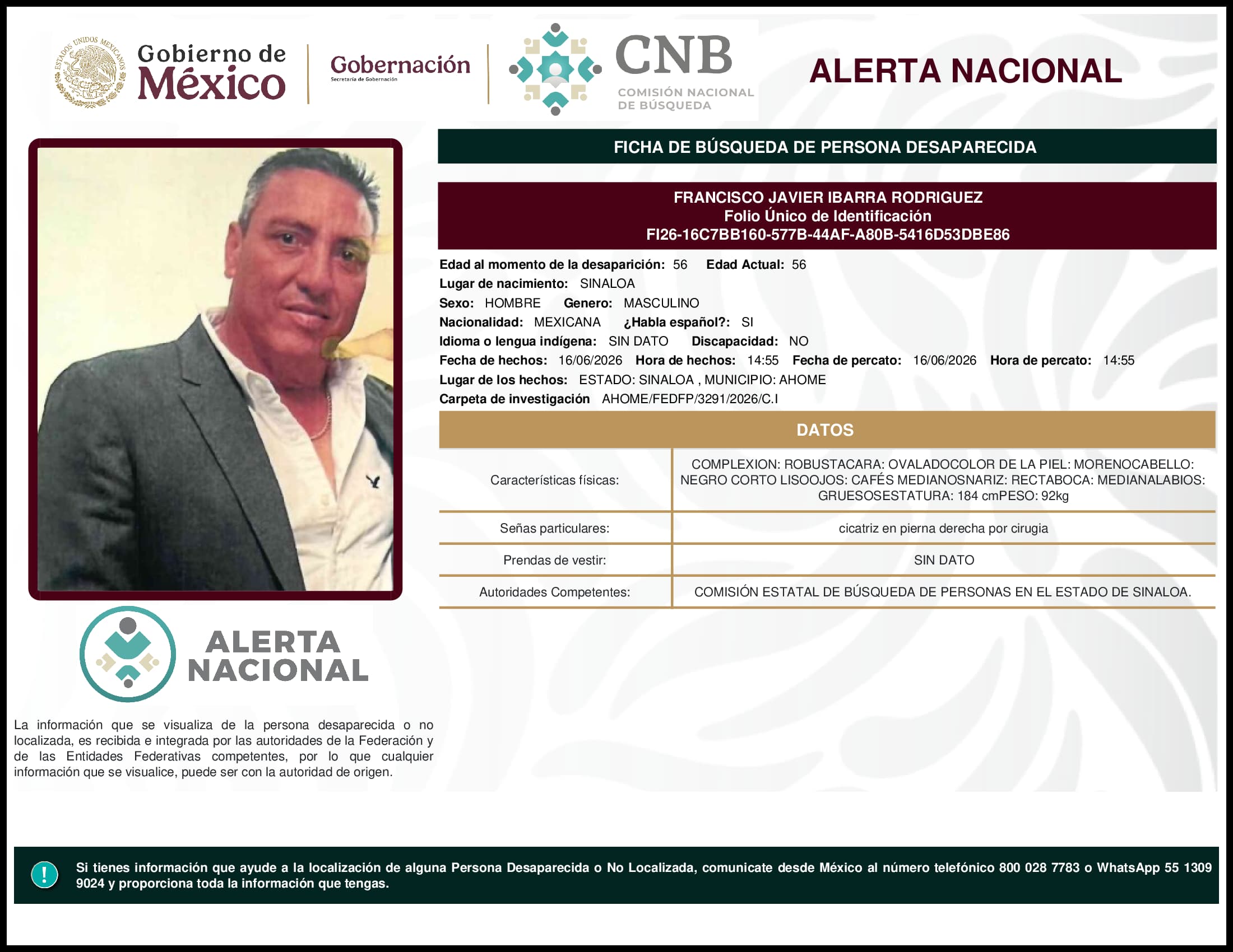 Persona desaparecida Francisco Javier Ibarra Rodriguez