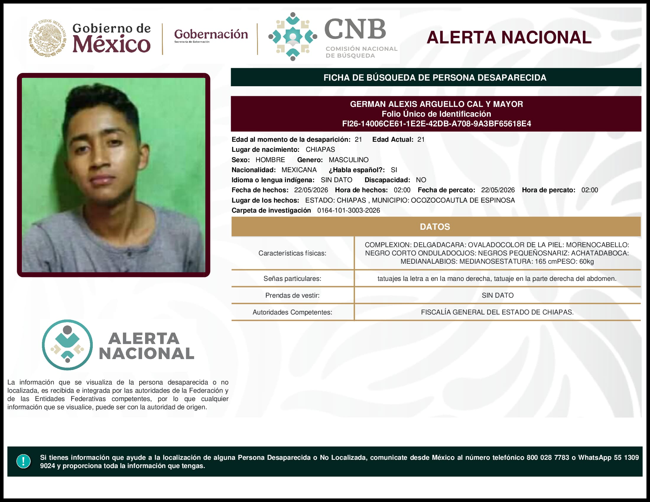 Persona desaparecida German Alexis Arguello Cal Y Mayor