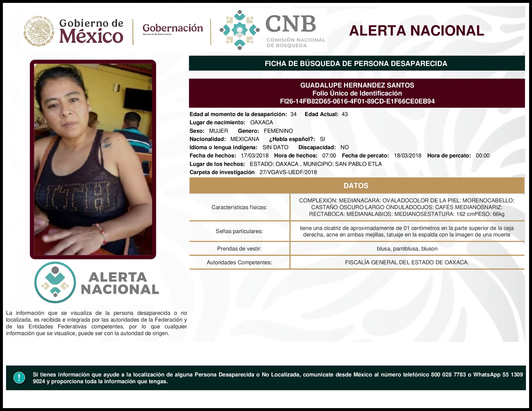 Persona desaparecida Guadalupe Hernandez Santos