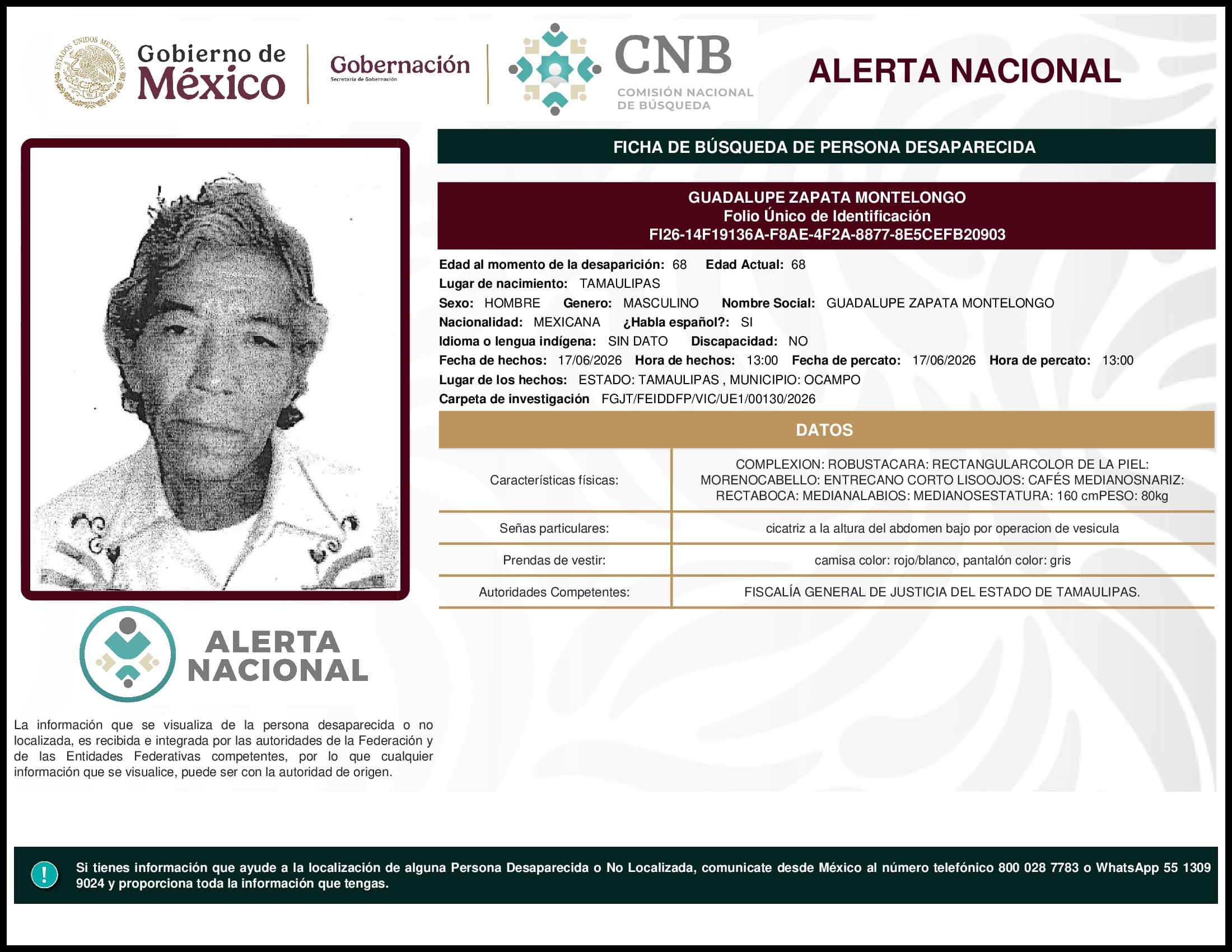 Persona desaparecida Guadalupe Zapata Montelongo