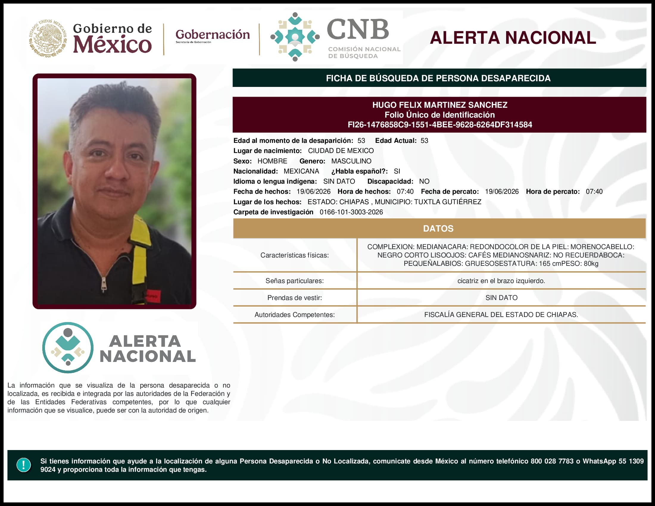 Persona desaparecida Hugo Felix Martinez Sanchez