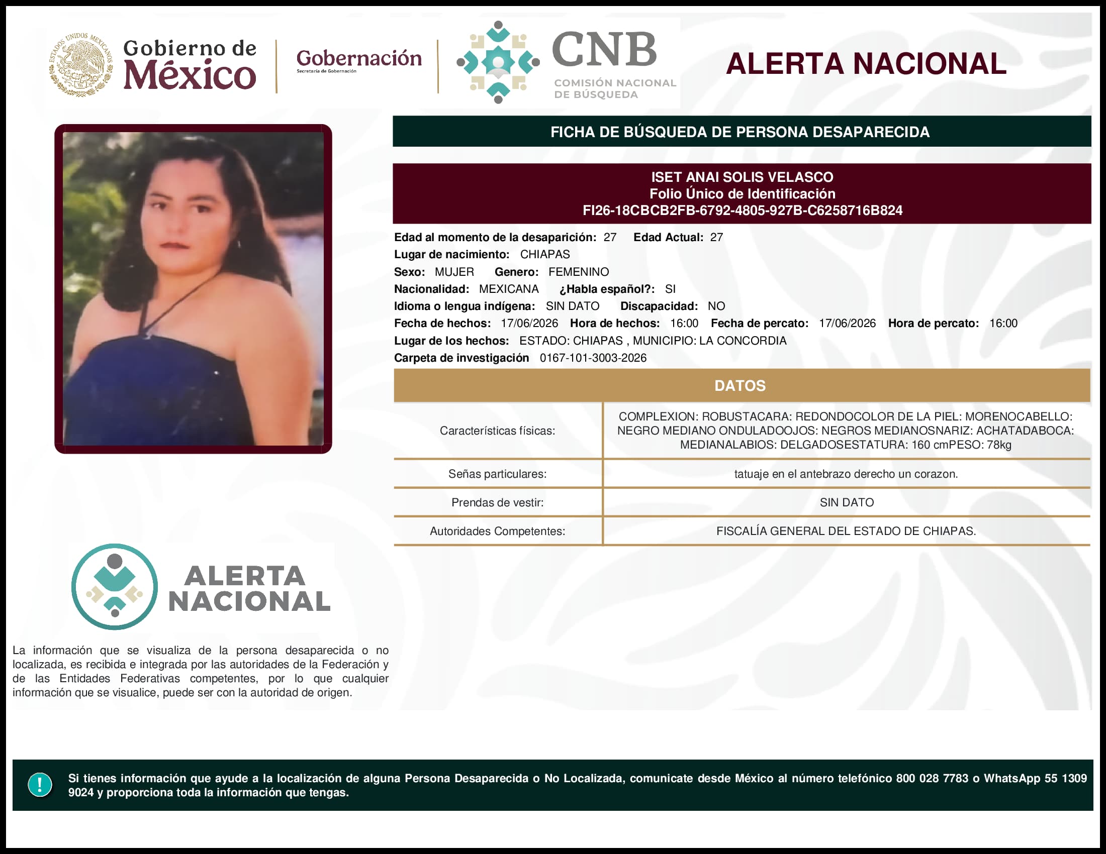 Persona desaparecida Iset Anai Solis Velasco