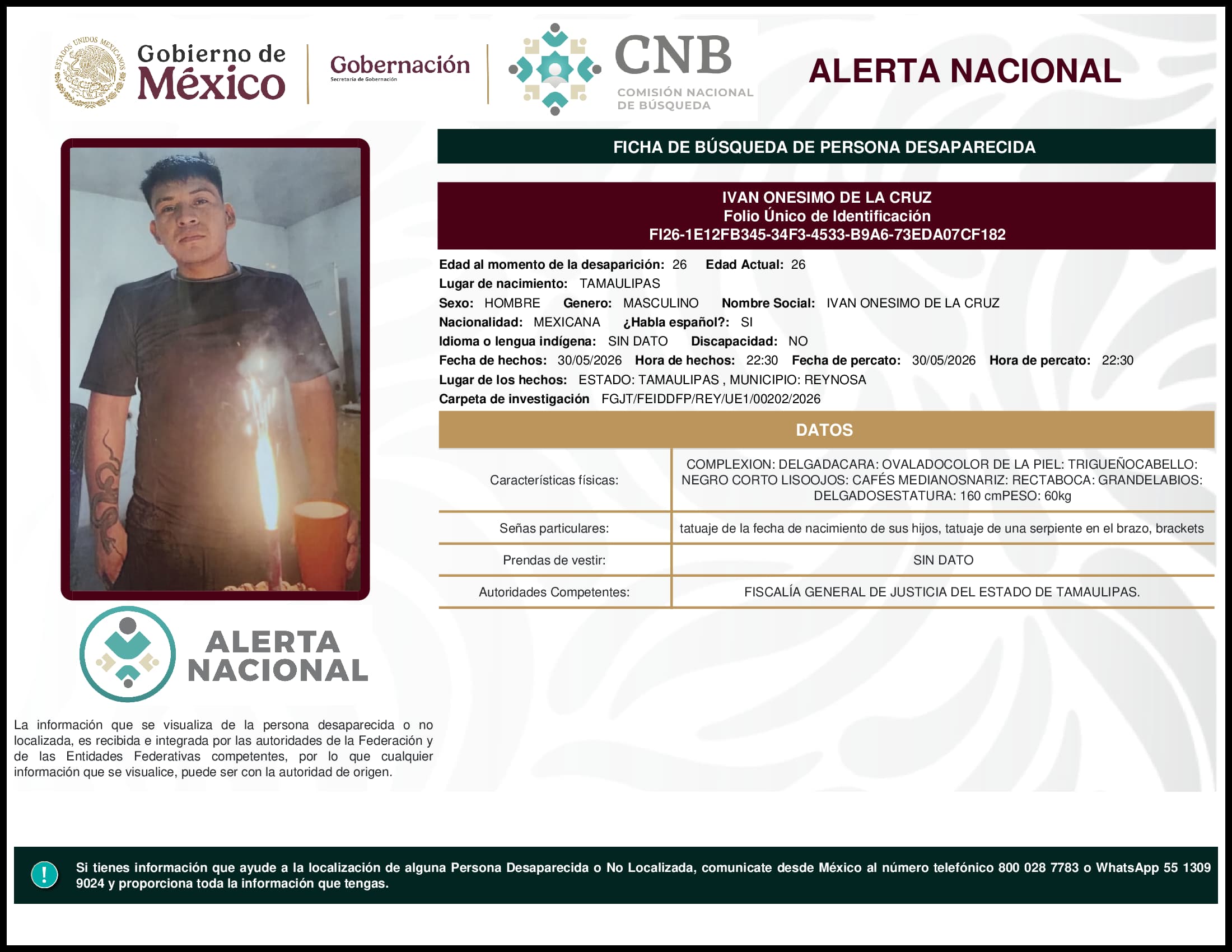 Persona desaparecida Ivan Onesimo De La Cruz