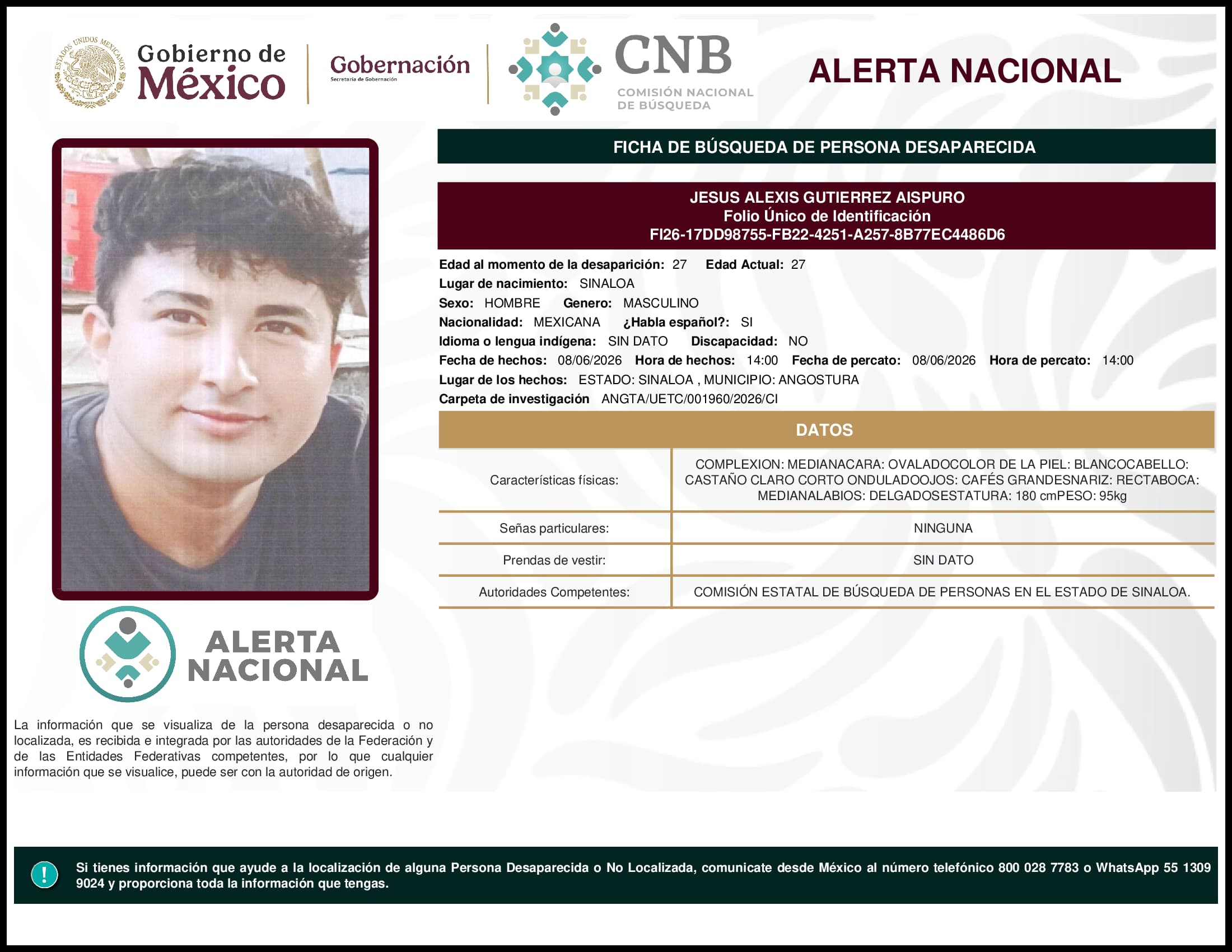 Persona desaparecida Jesus Alexis Gutierrez Aispuro