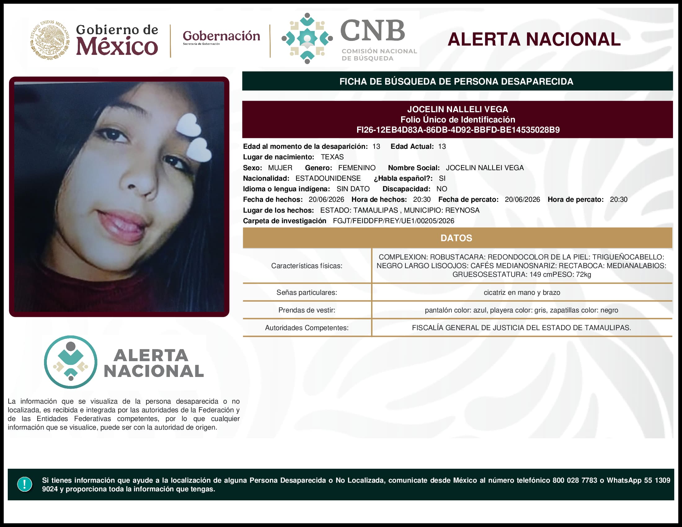 Persona desaparecida Jocelin Nalleli Vega