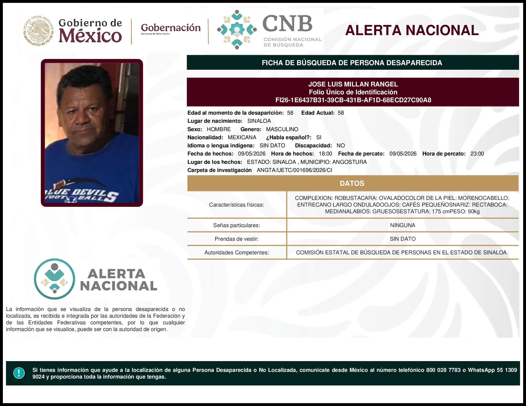 Persona desaparecida Jose Luis Millan Rangel