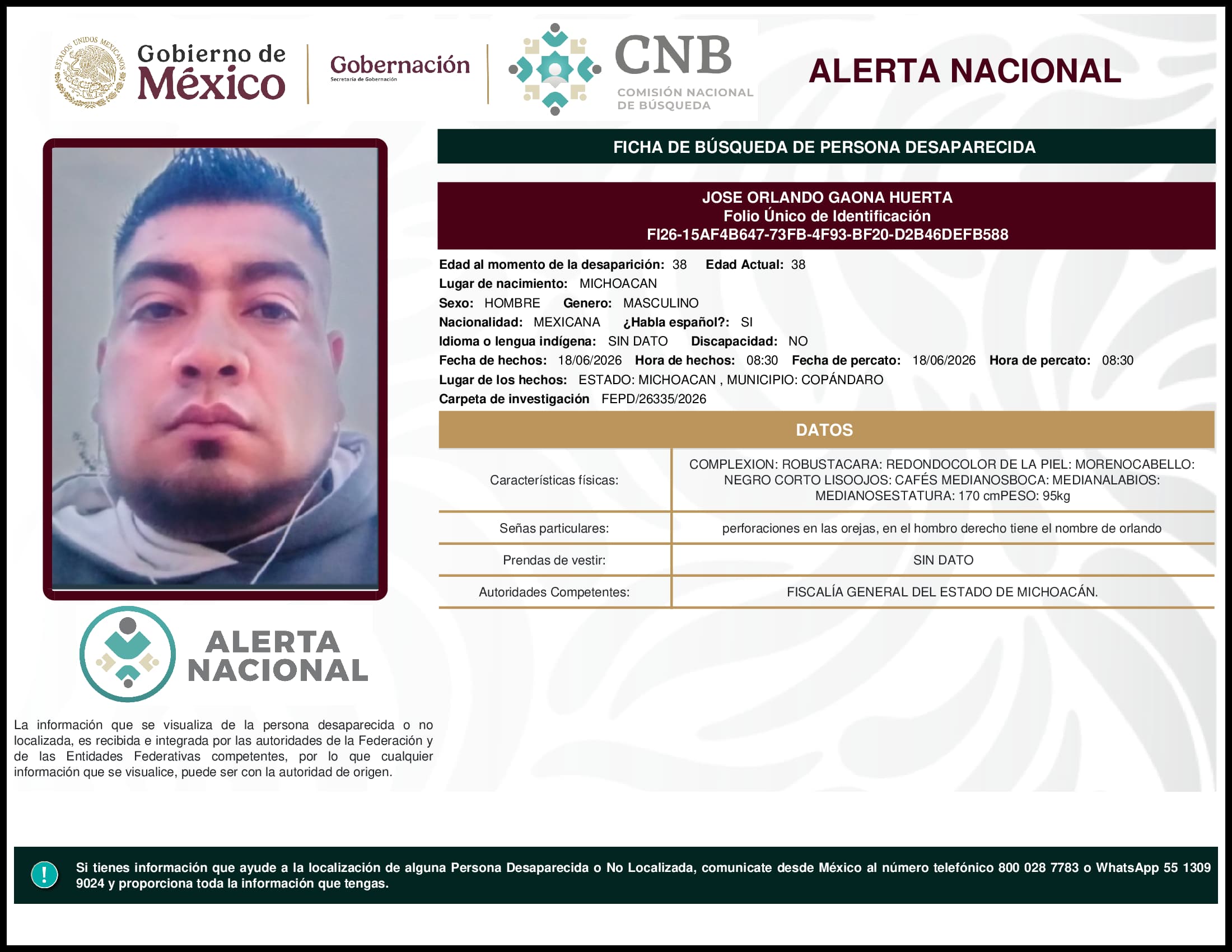 Persona desaparecida Jose Orlando Gaona Huerta