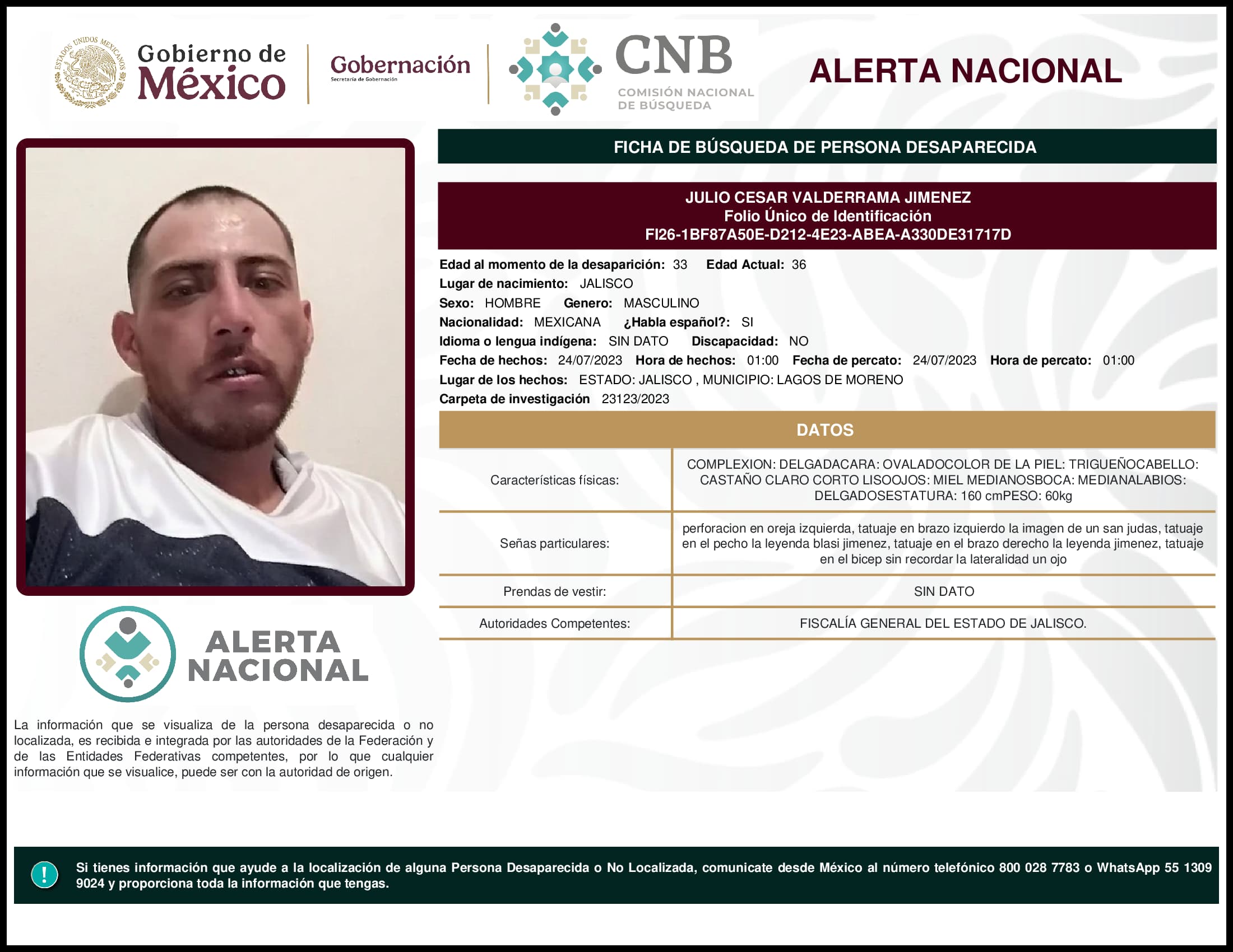 Persona desaparecida Julio Cesar Valderrama Jimenez