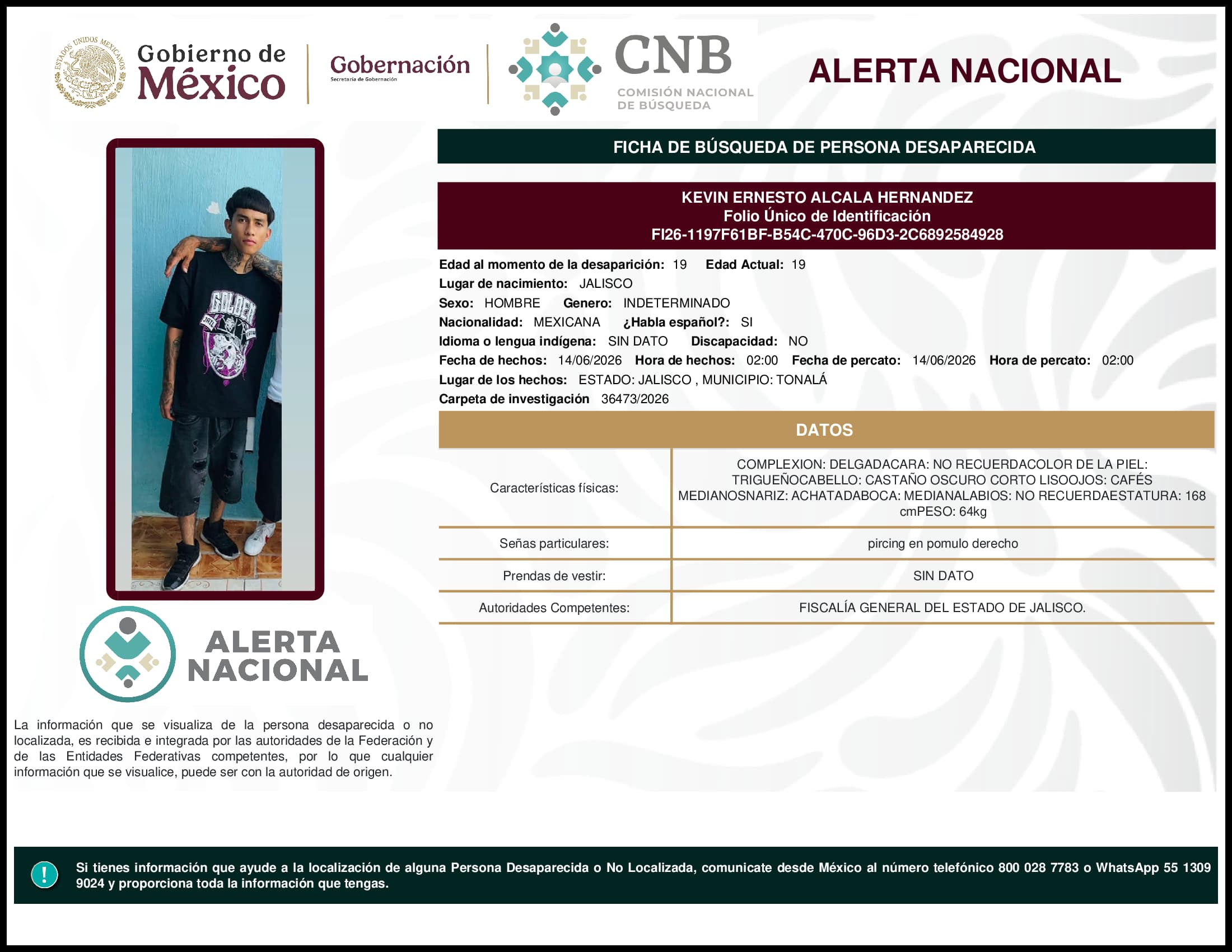 Persona desaparecida Kevin Ernesto Alcala Hernandez