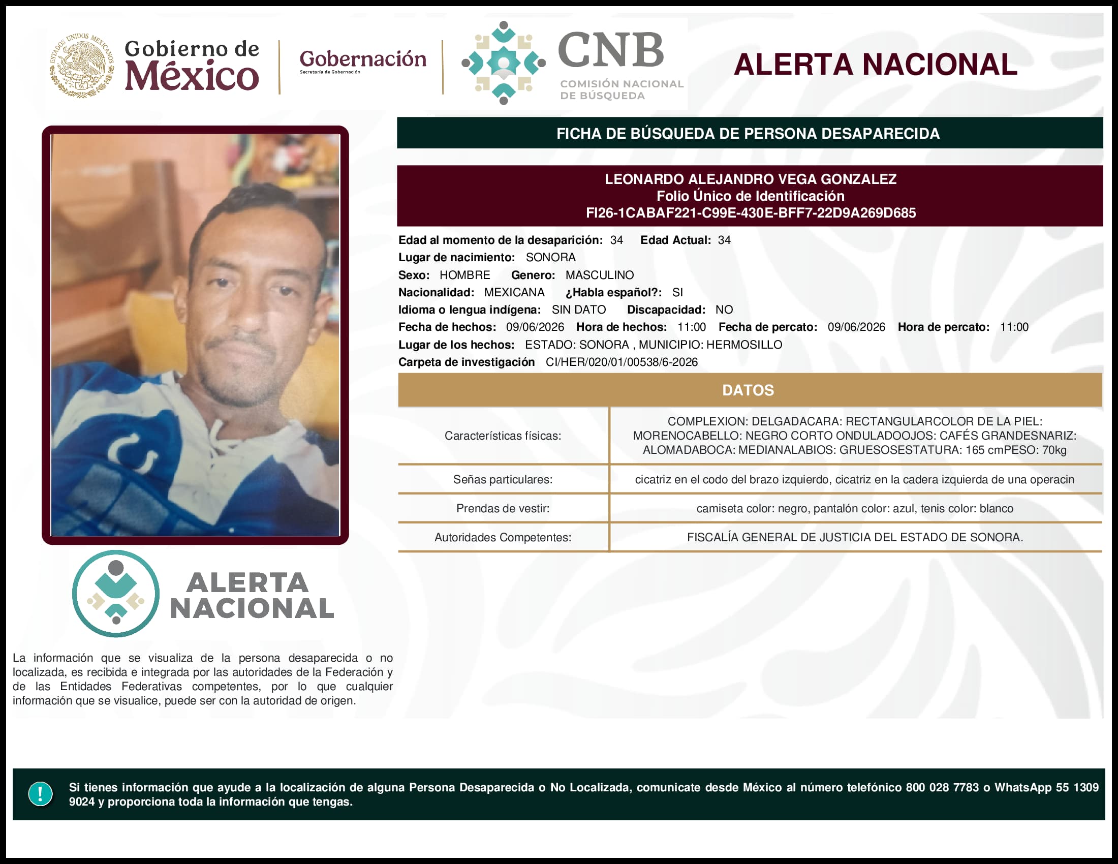 Persona desaparecida Leonardo Alejandro Vega Gonzalez