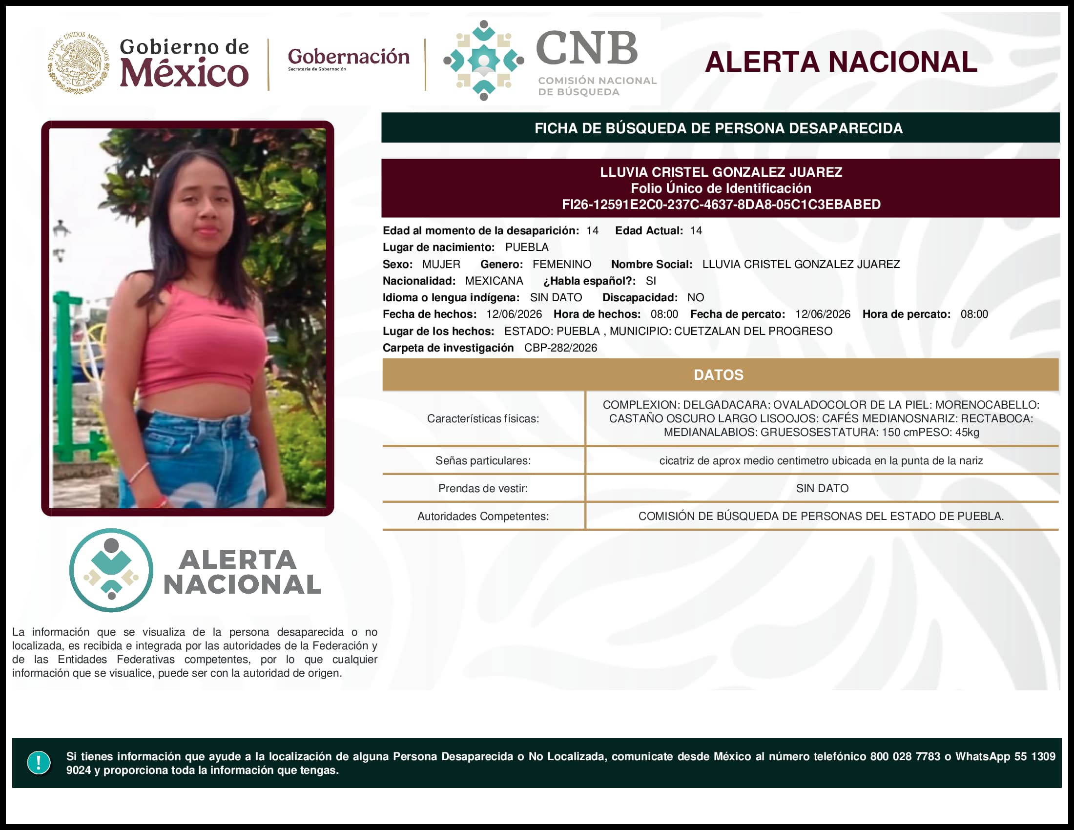Persona desaparecida Lluvia Cristel Gonzalez Juarez
