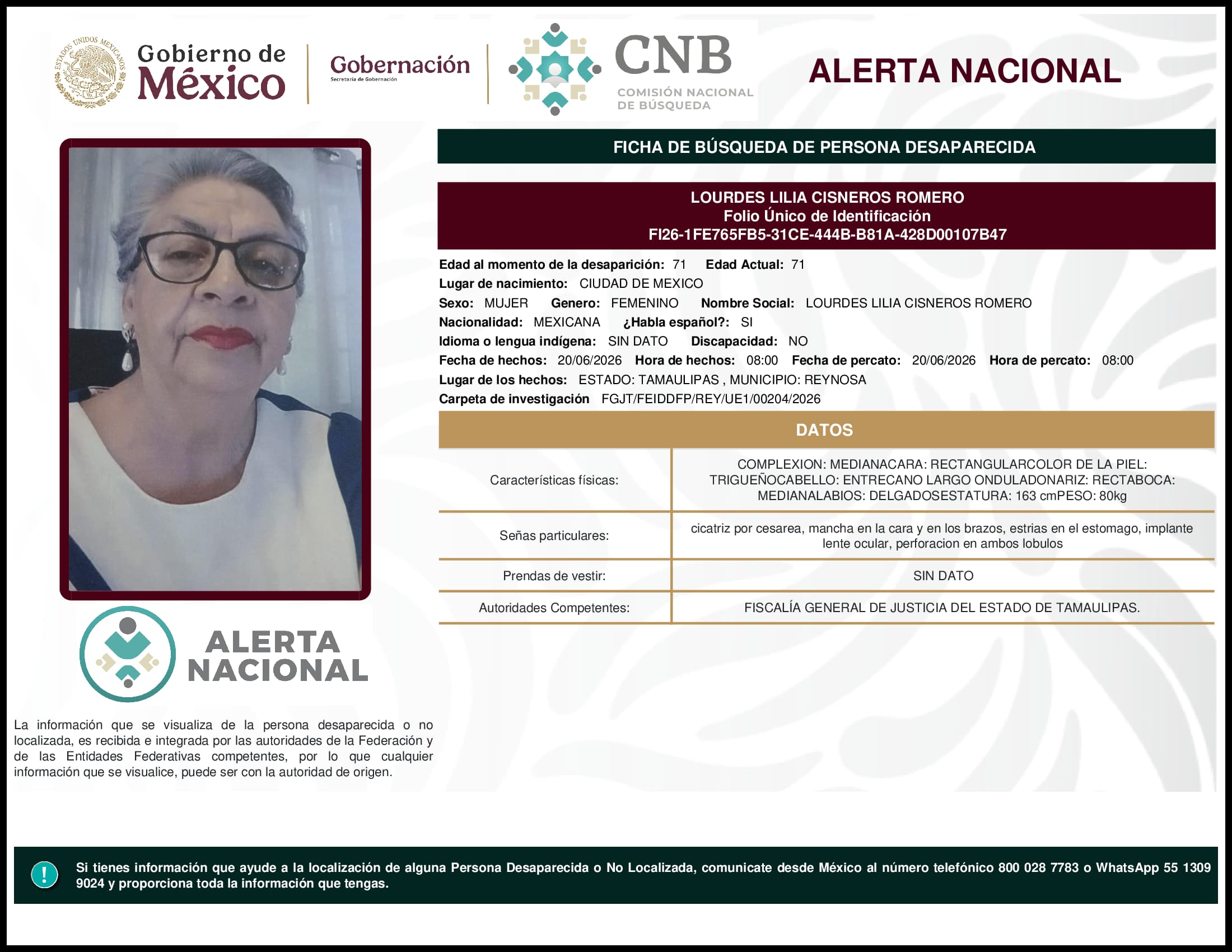 Persona desaparecida Lourdes Lilia Cisneros Romero