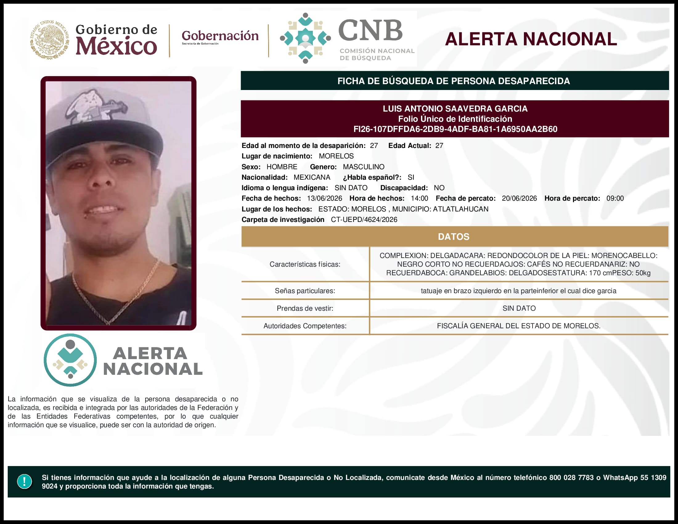 Persona desaparecida Luis Antonio Saavedra Garcia