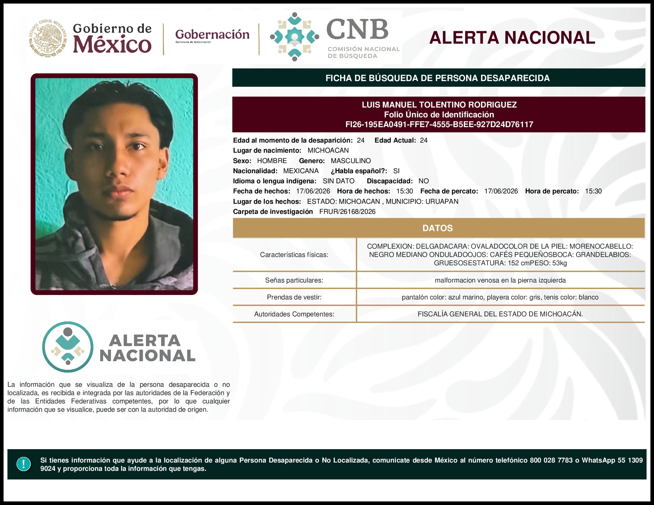 Persona desaparecida Luis Manuel Tolentino Rodriguez