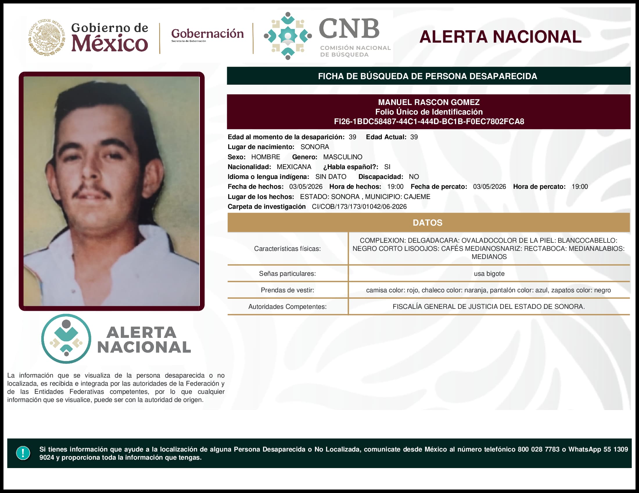 Persona desaparecida Manuel Rascon Gomez