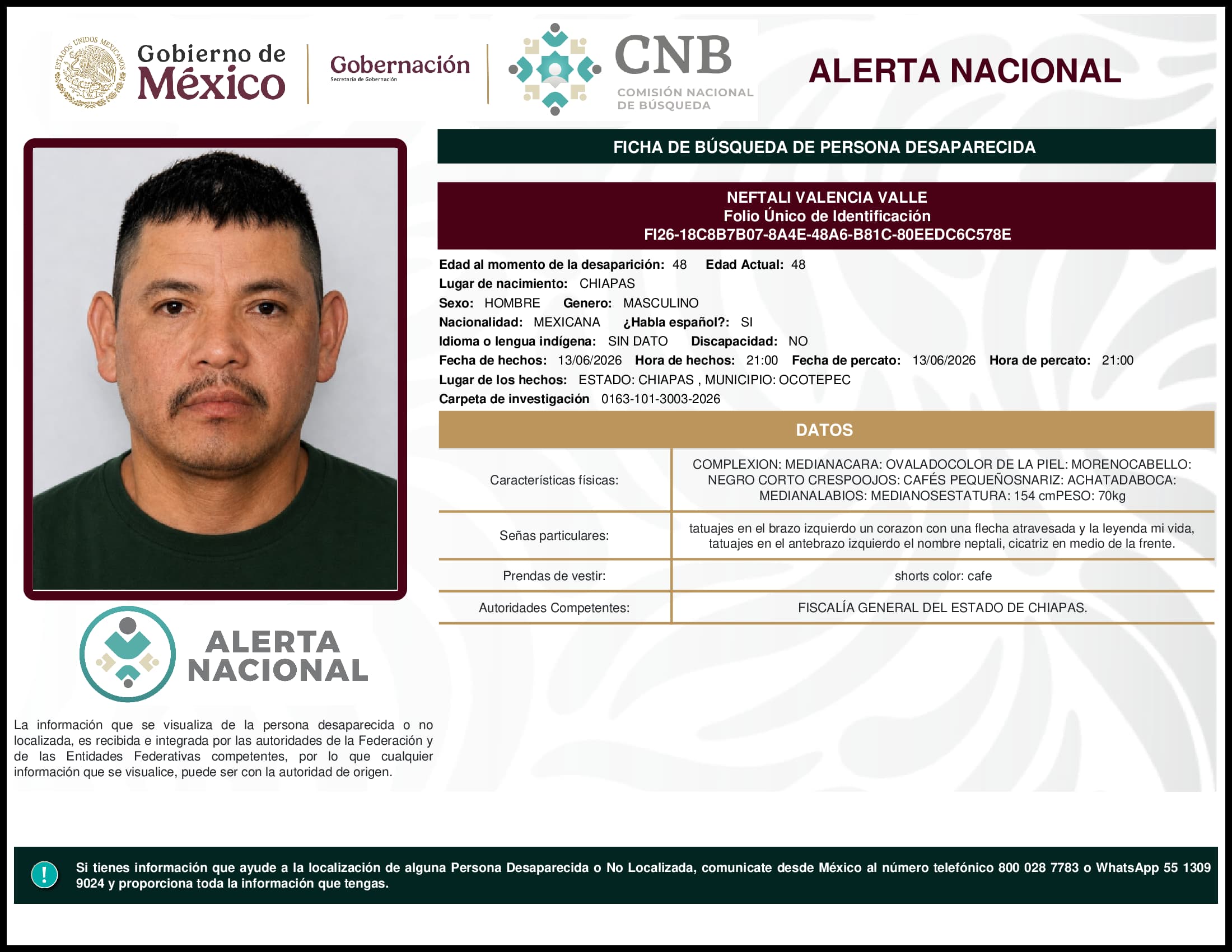 Persona desaparecida Neftali Valencia Valle