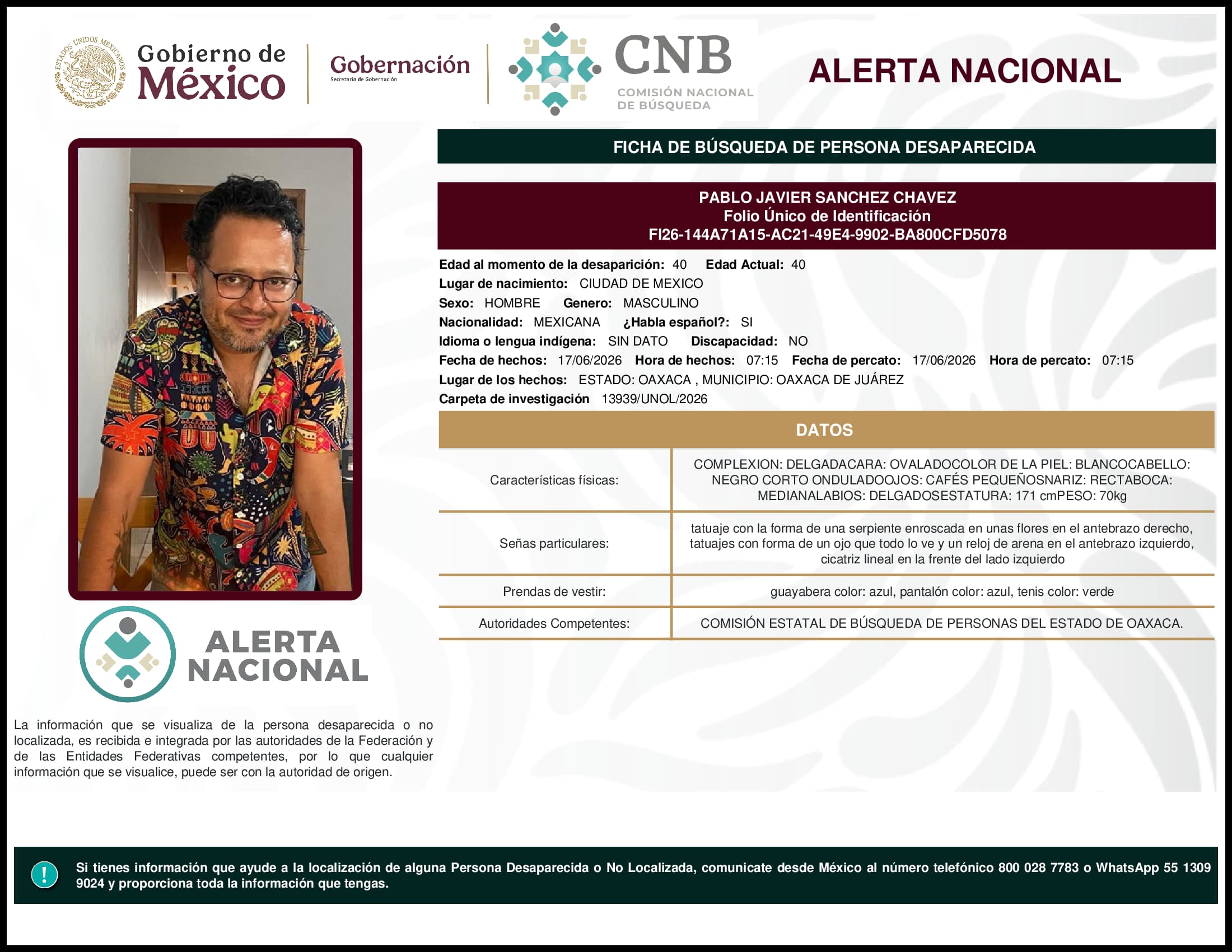 Persona desaparecida Pablo Javier Sanchez Chavez