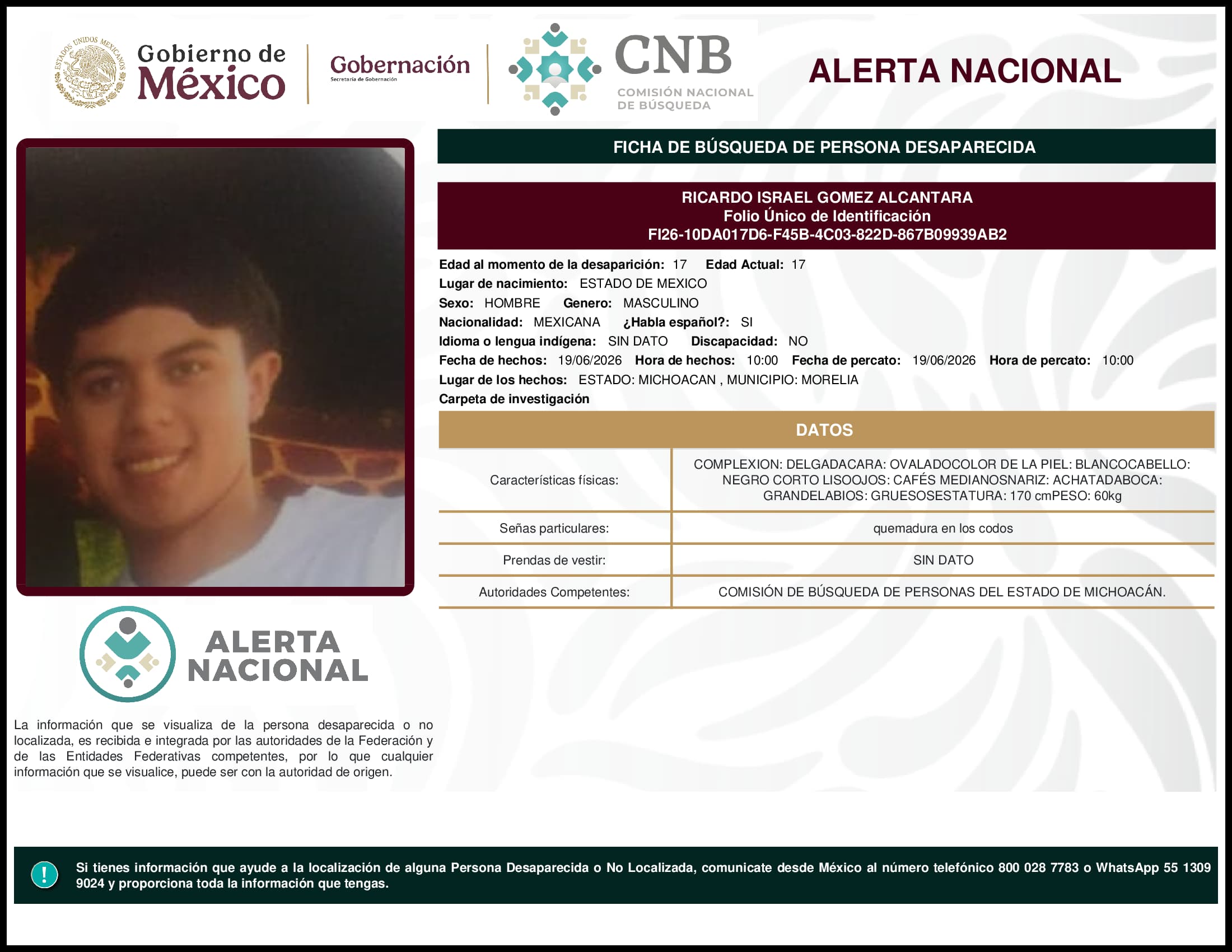 Persona desaparecida Ricardo Israel Gomez Alcantara