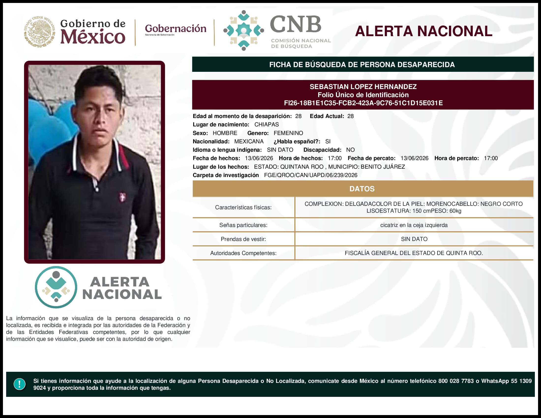 Persona desaparecida Sebastian Lopez Hernandez