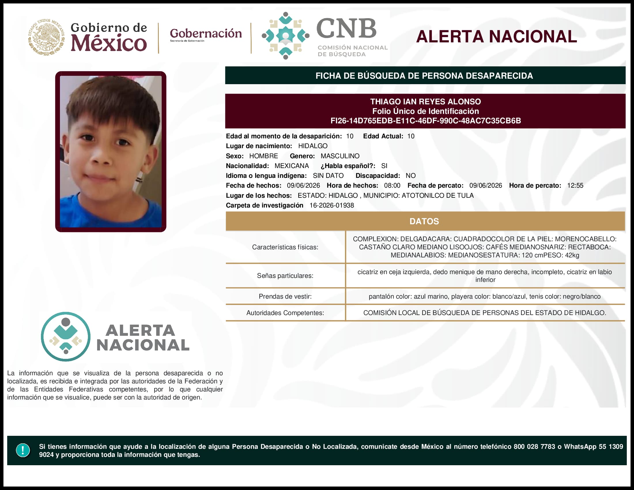 Persona desaparecida Thiago Ian Reyes Alonso