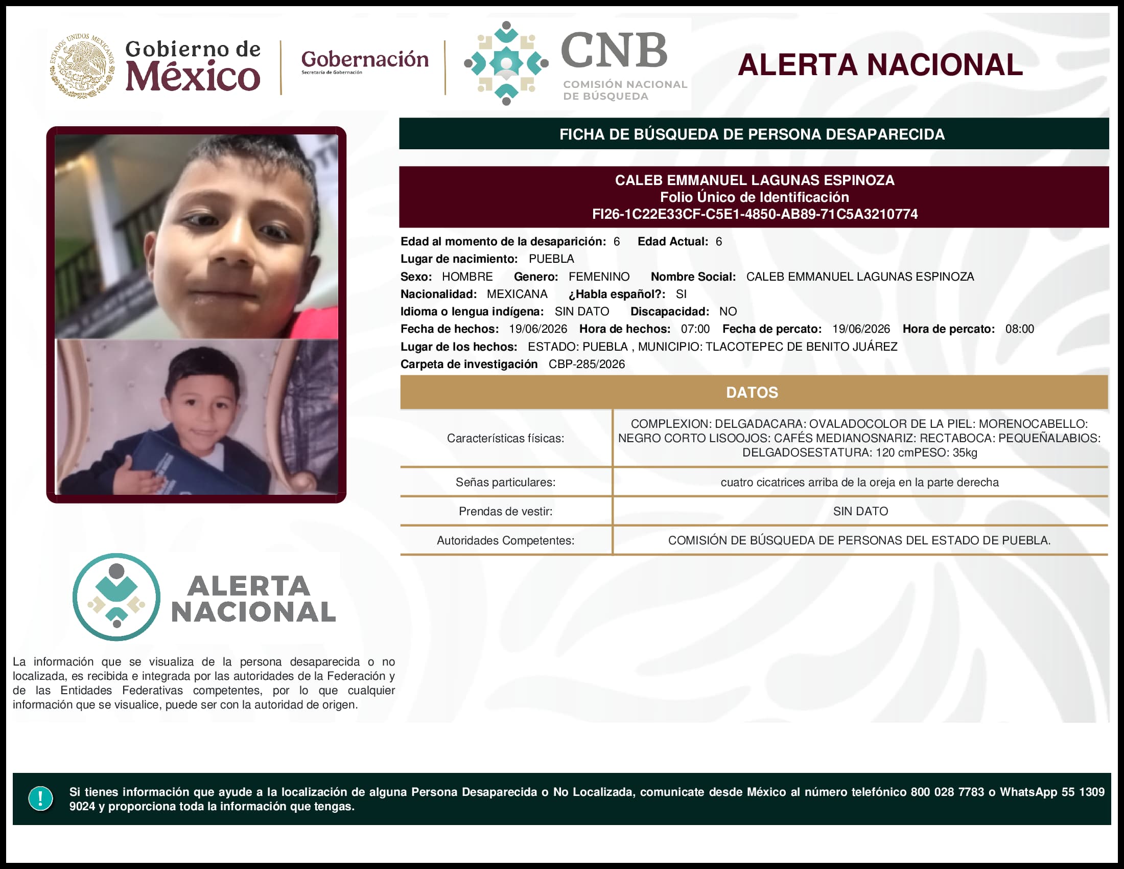 Persona desaparecida Caleb Emmanuel Lagunas Espinoza