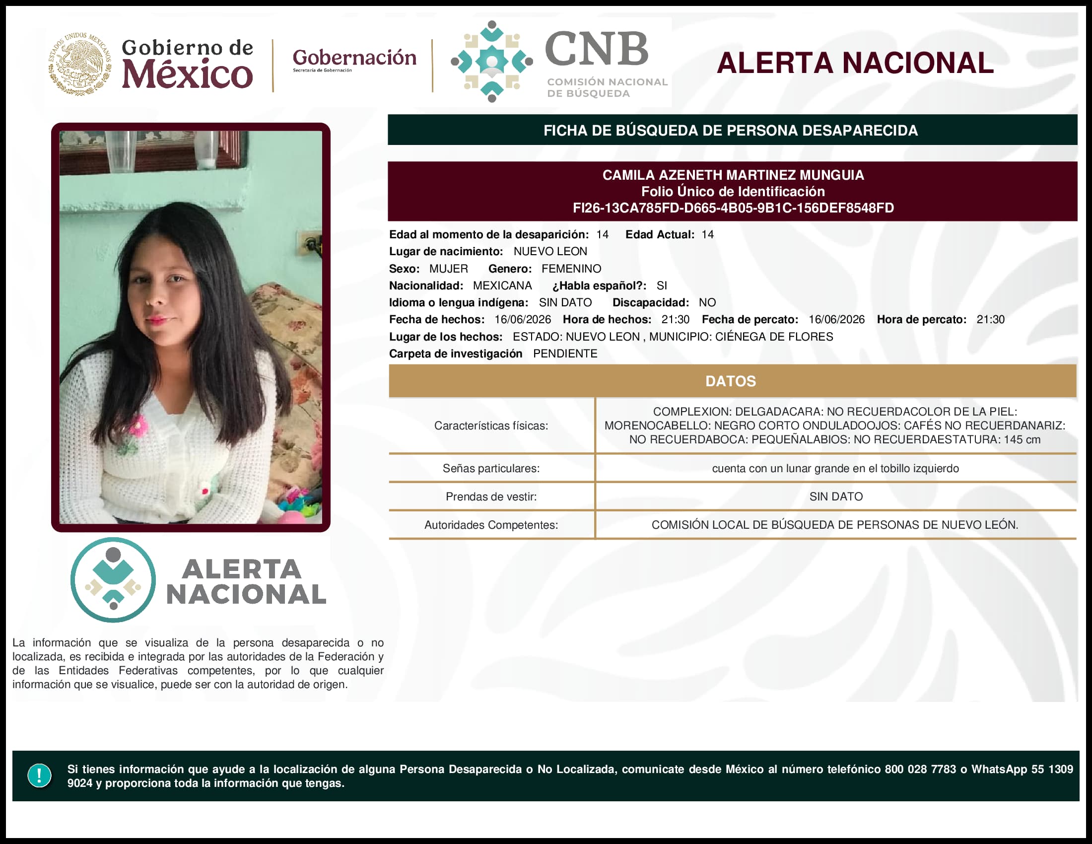 Persona desaparecida Camila Azeneth Martinez Munguia