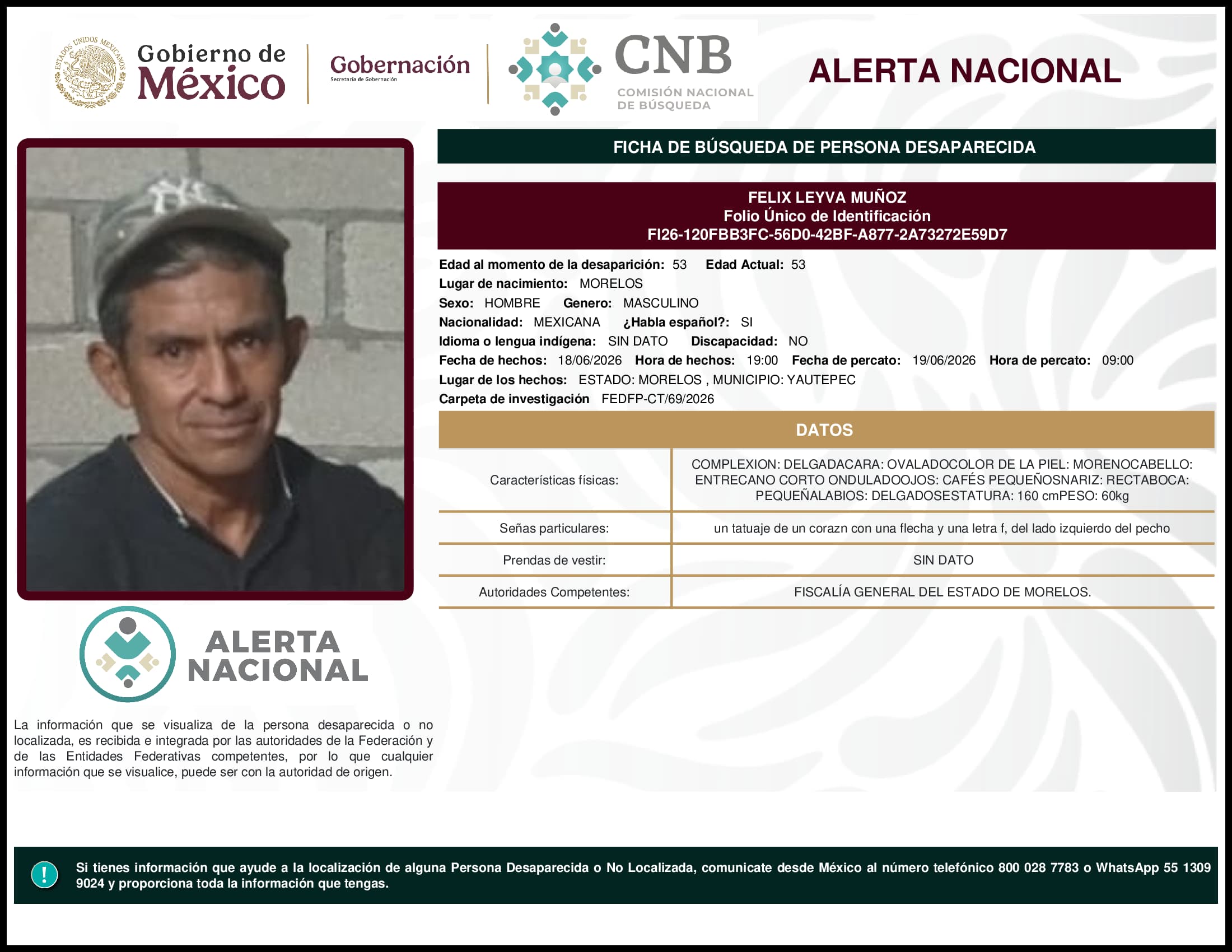 Persona desaparecida Felix Leyva Munoz