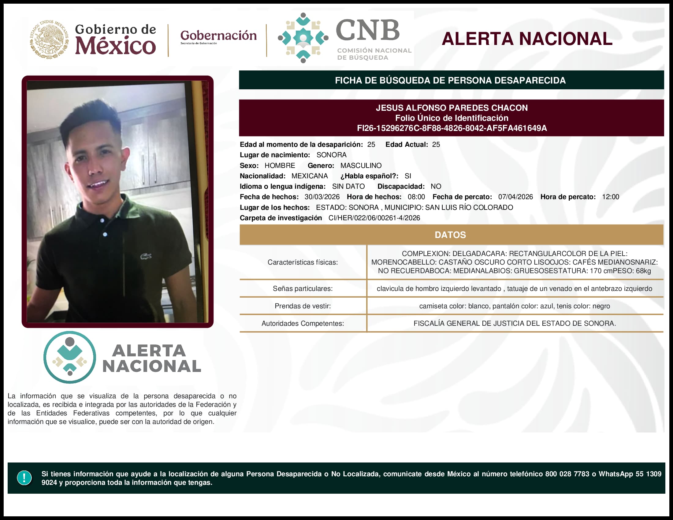 Persona desaparecida Jesus Alfonso Paredes Chacon