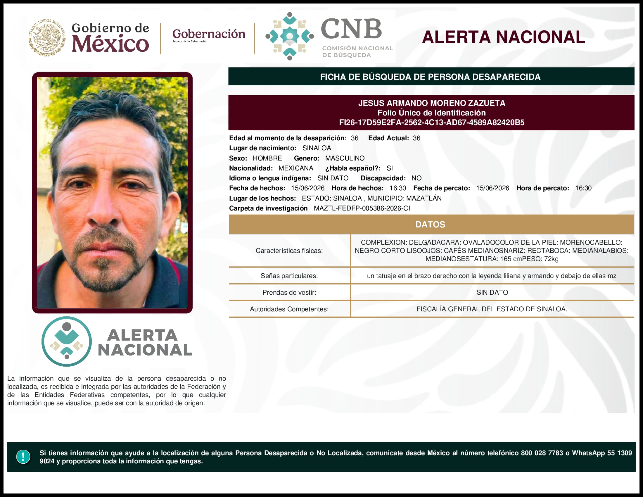 Persona desaparecida Jesus Armando Moreno Zazueta