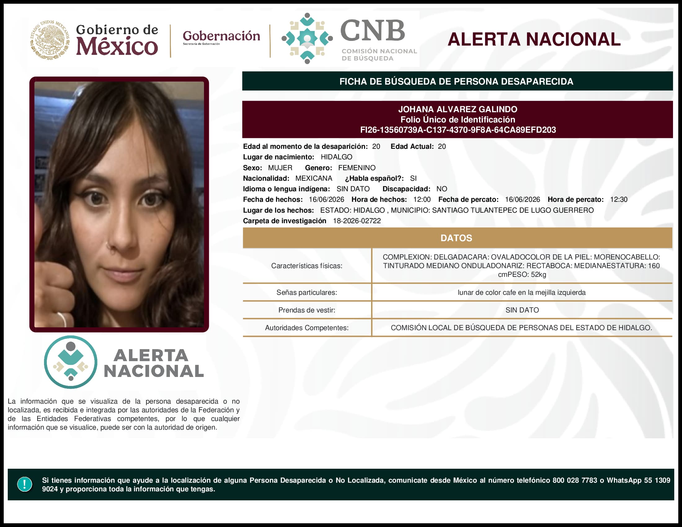 Persona desaparecida Johana Alvarez Galindo