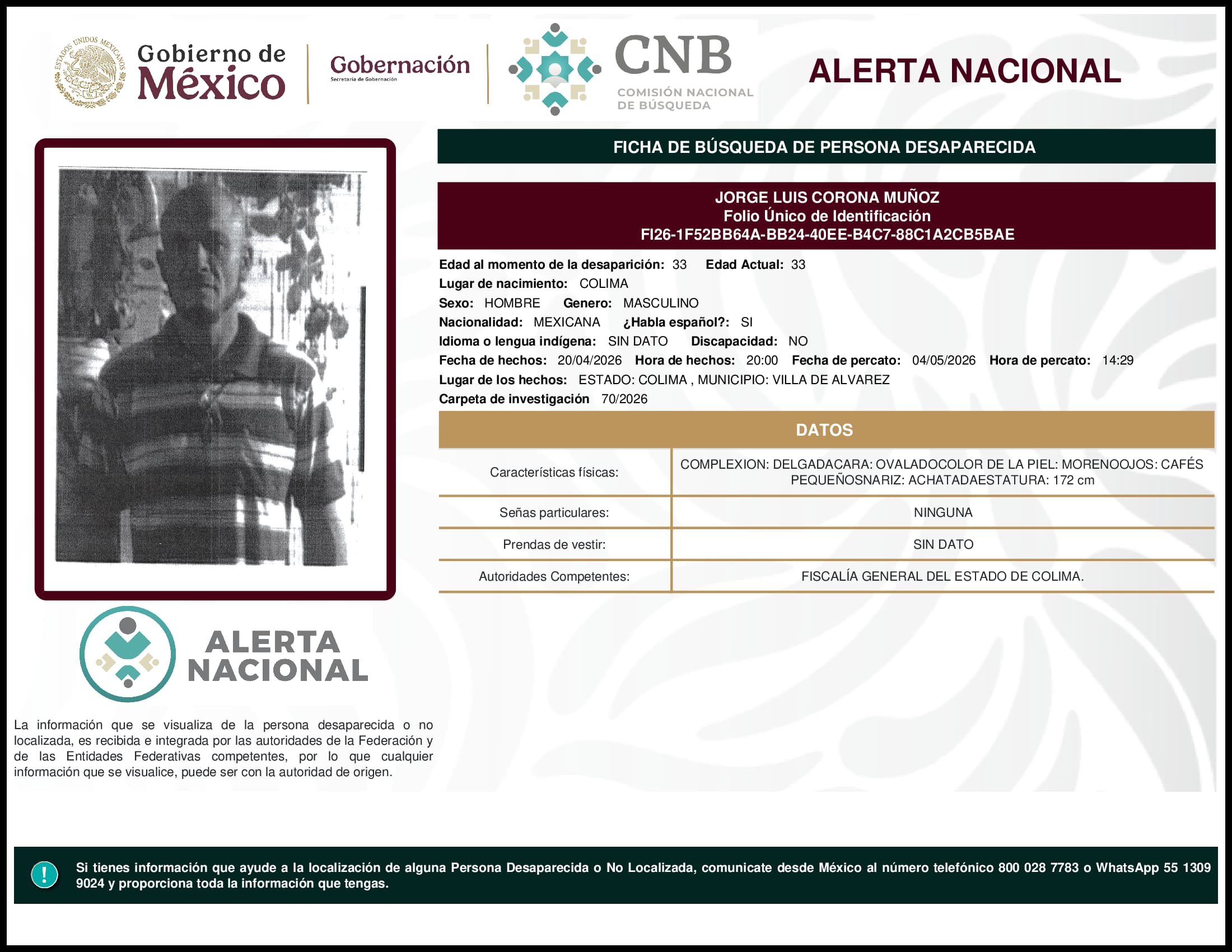 Persona desaparecida Jorge Luis Corona Munoz
