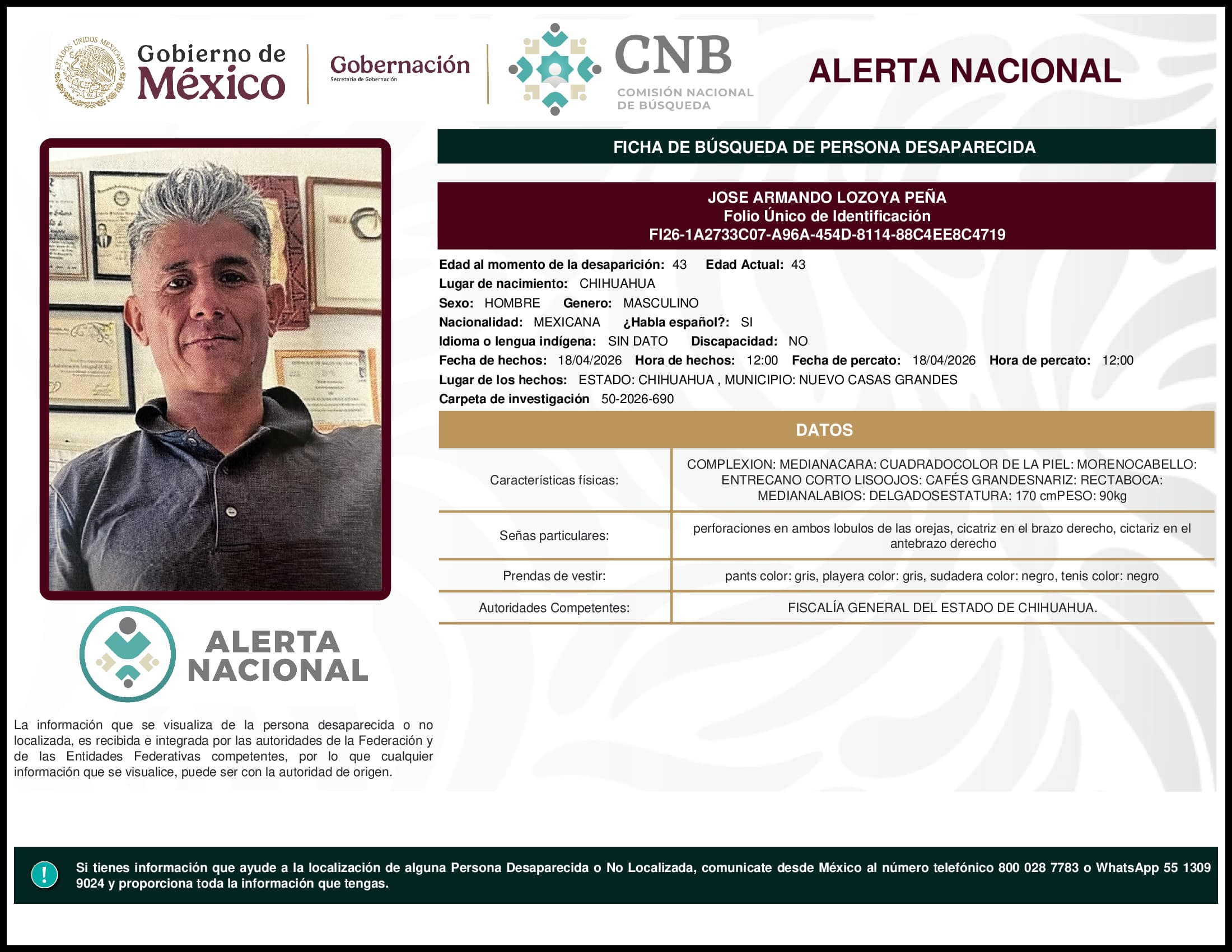 Persona desaparecida Jose Armando Lozoya Pena