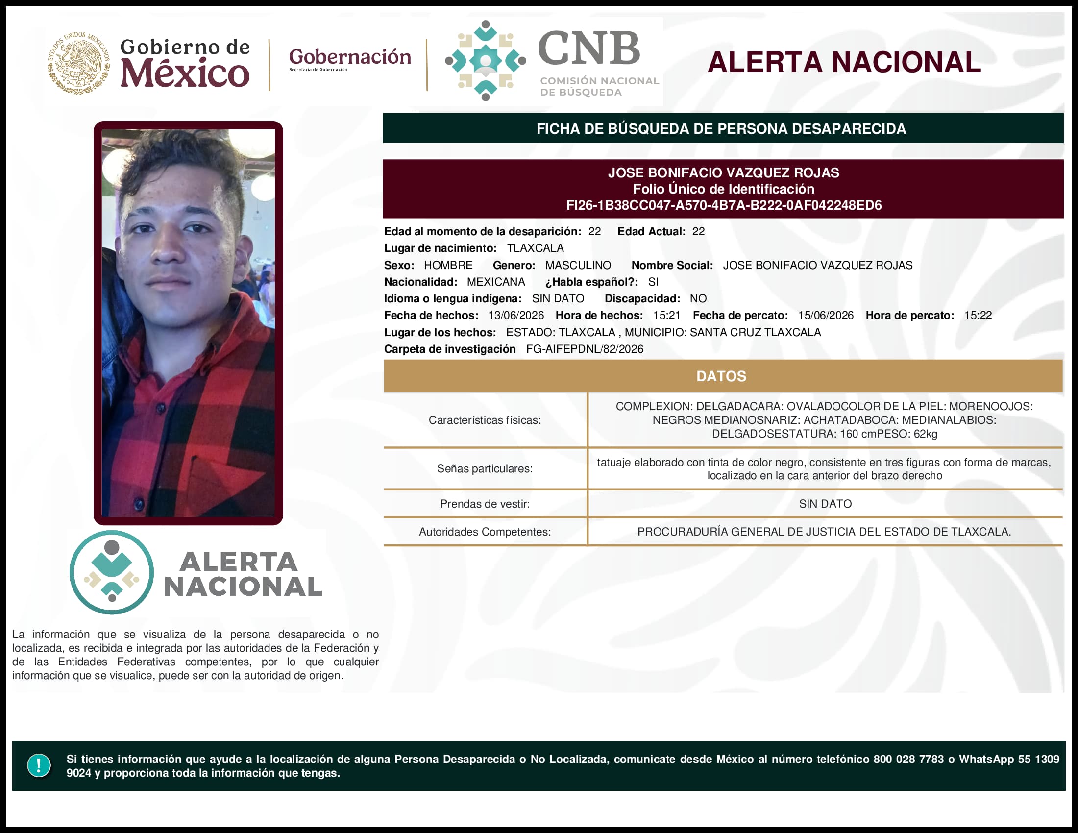 Persona desaparecida Jose Bonifacio Vazquez Rojas