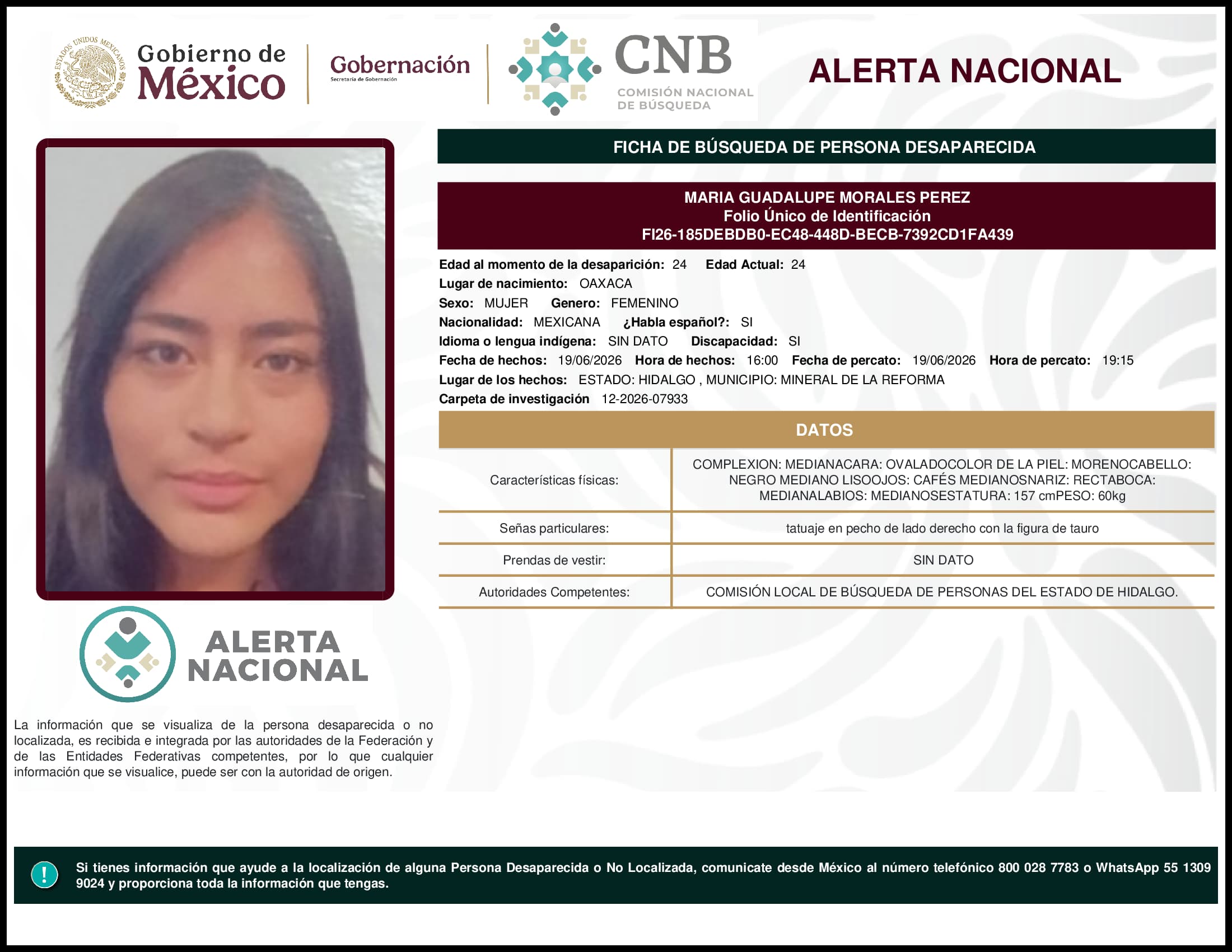 Persona desaparecida Maria Guadalupe Morales Perez