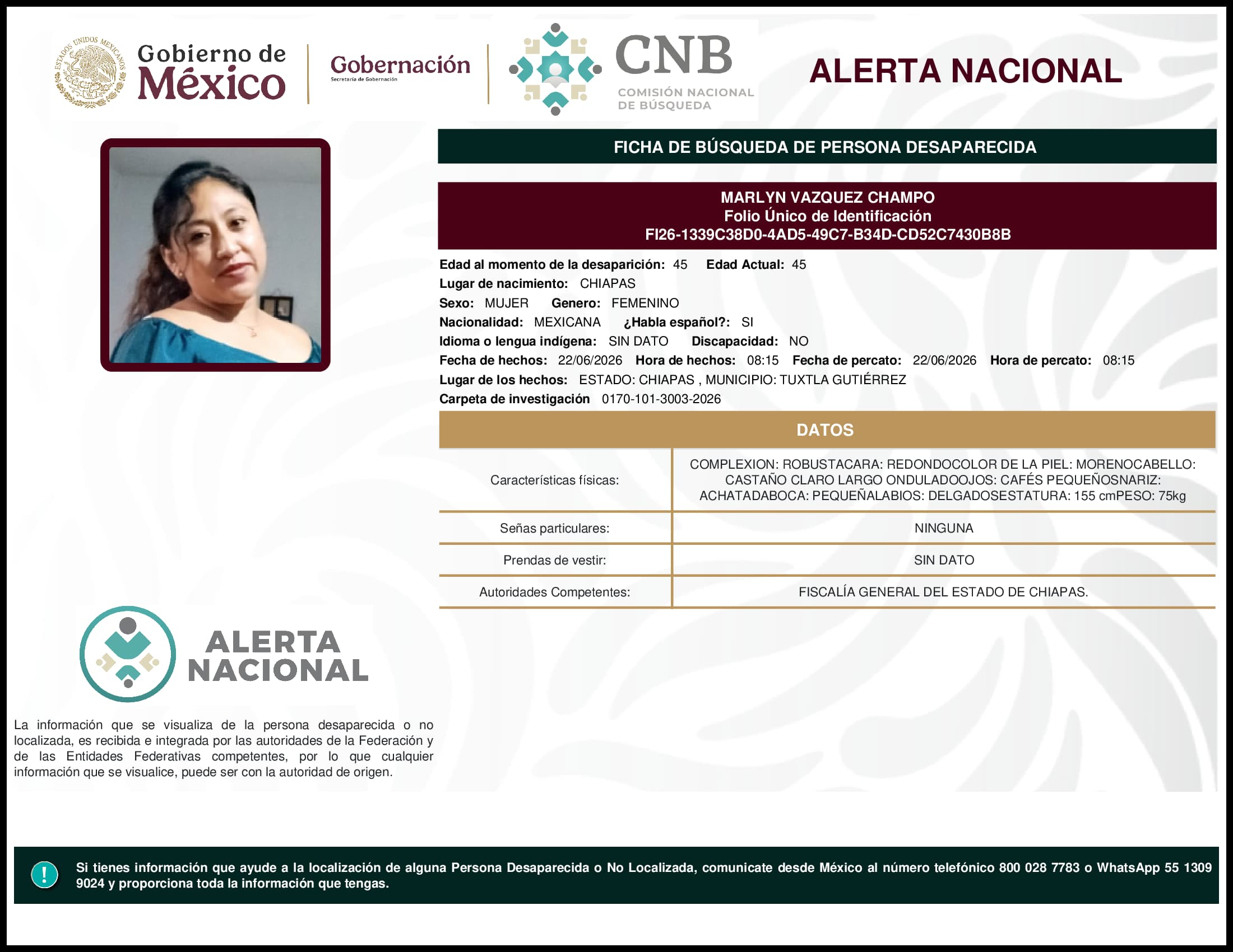 Persona desaparecida Marlyn Vazquez Champo