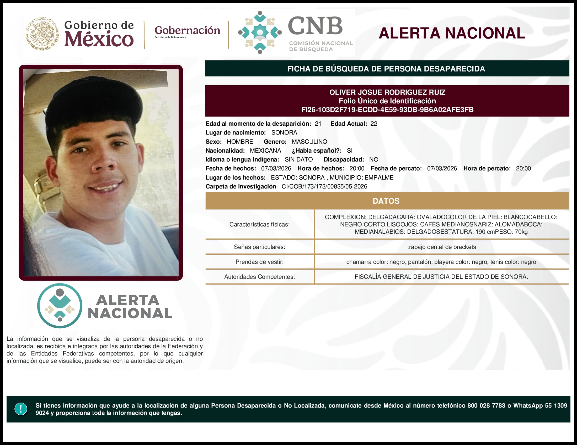 Persona desaparecida Oliver Josue Rodriguez Ruiz