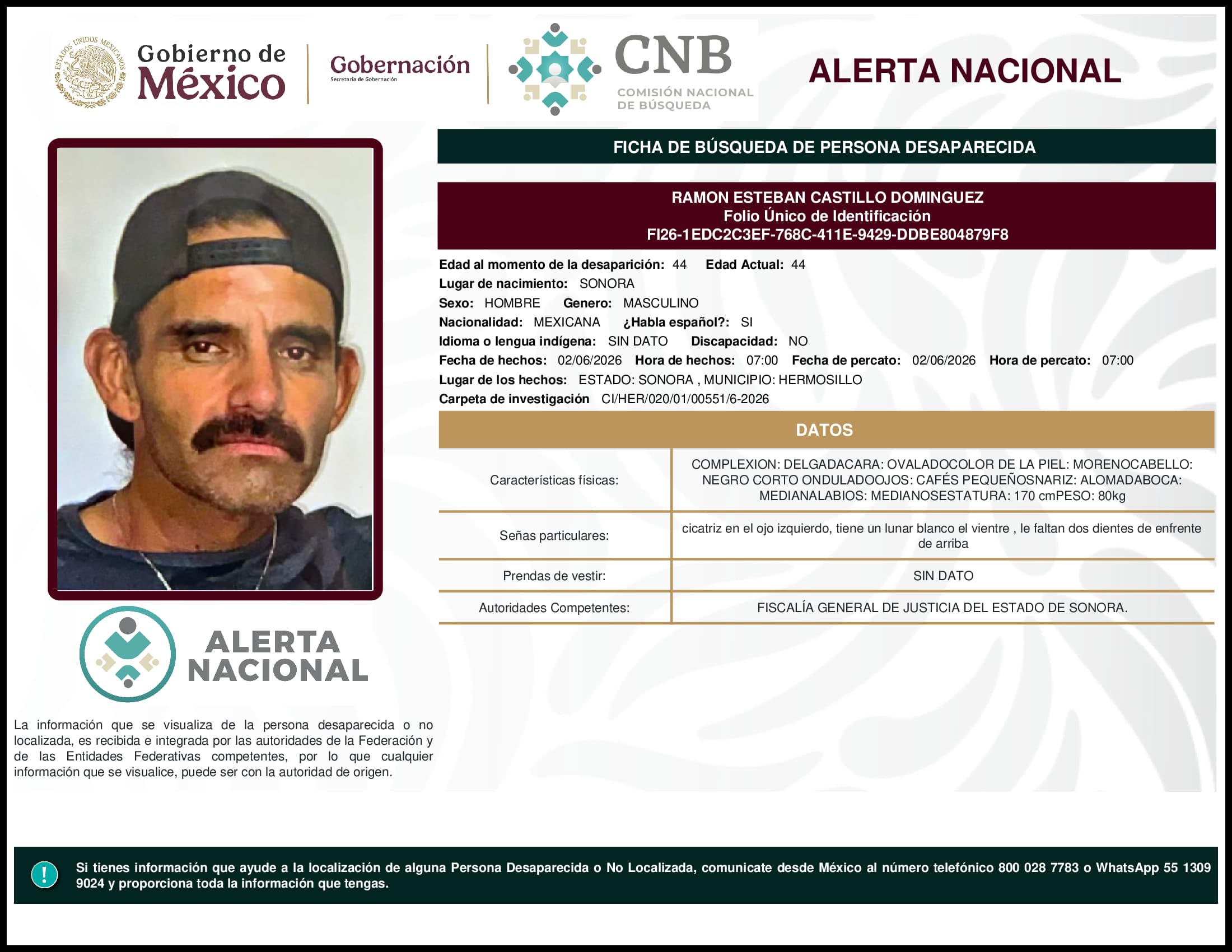 Persona desaparecida Ramon Esteban Castillo Dominguez
