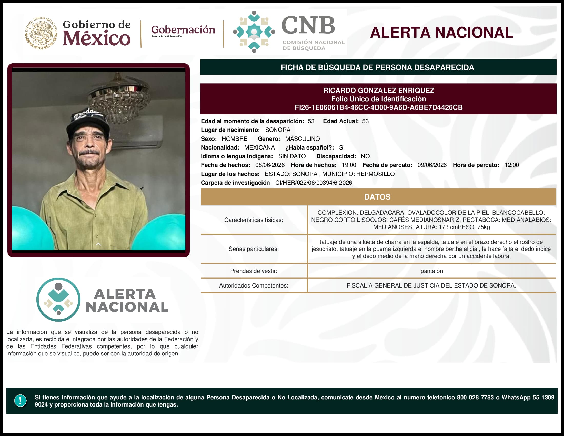 Persona desaparecida Ricardo Gonzalez Enriquez
