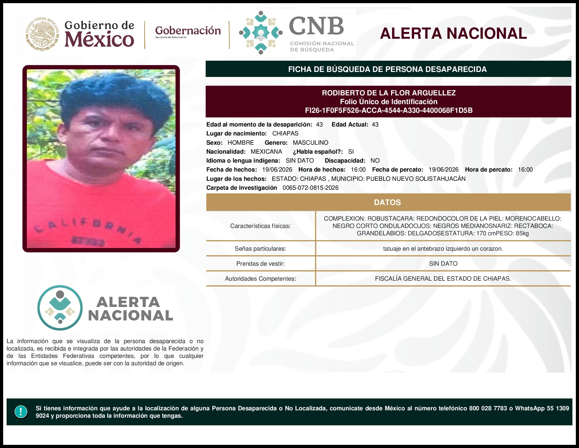 Persona desaparecida Rodiberto De La Flor Arguellez