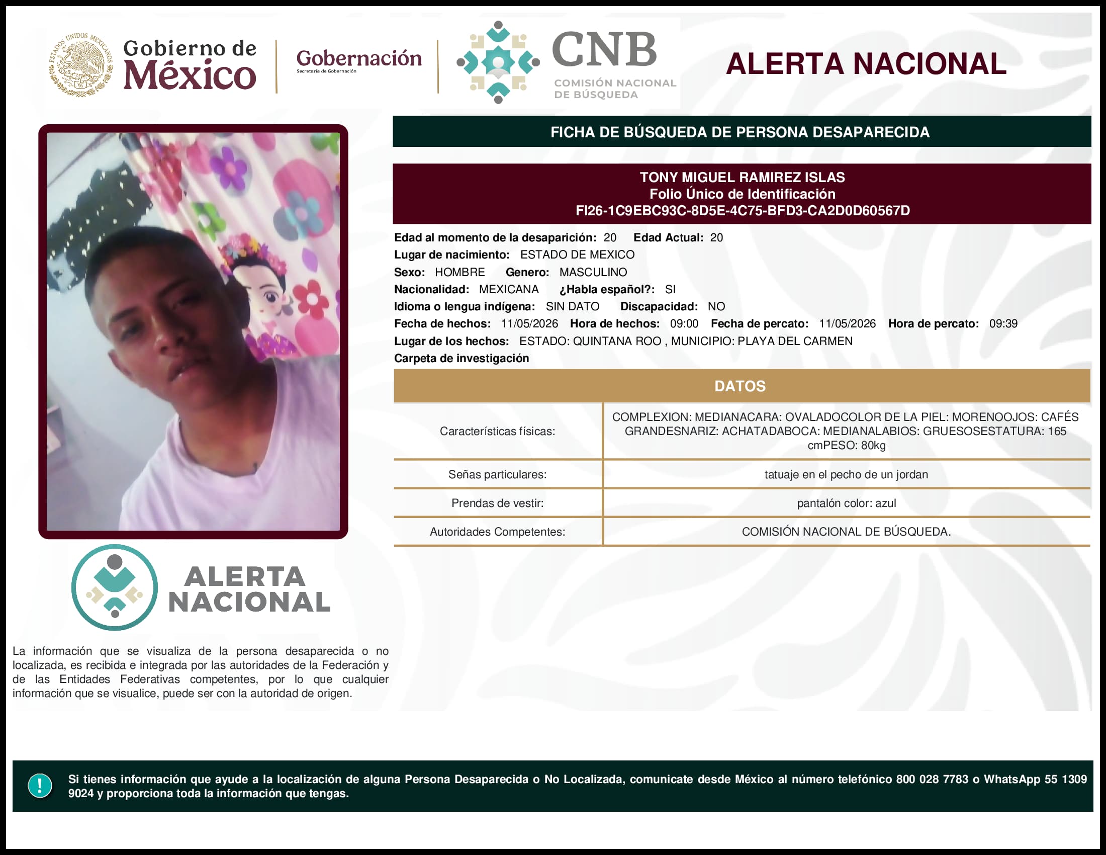 Persona desaparecida Tony Miguel Ramirez Islas