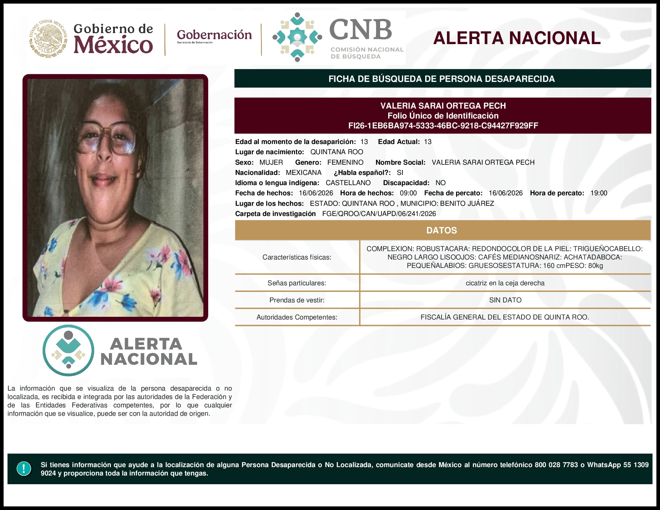 Persona desaparecida Valeria Sarai Ortega Pech