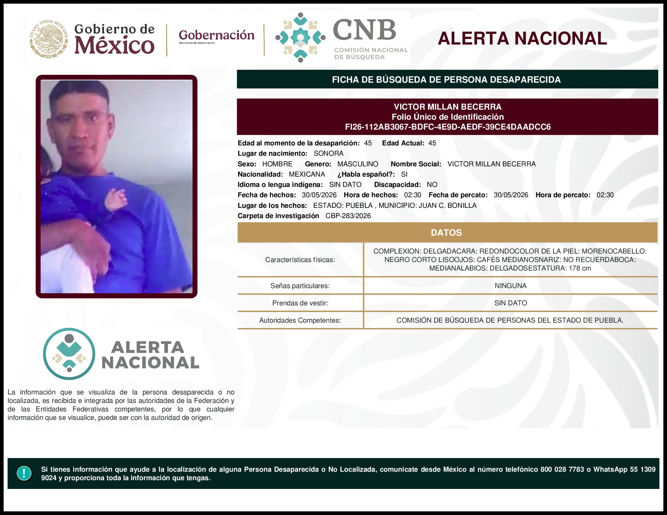 Persona desaparecida Victor Millan Becerra