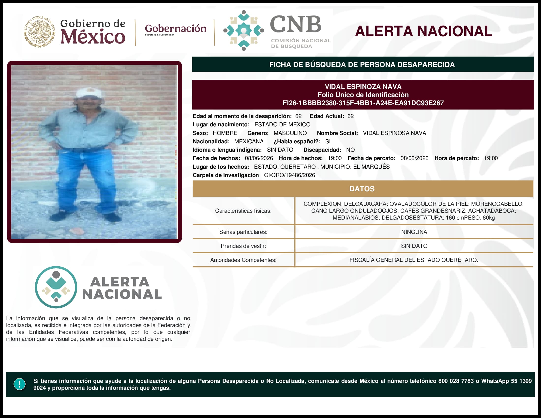 Persona desaparecida Vidal Espinoza Nava