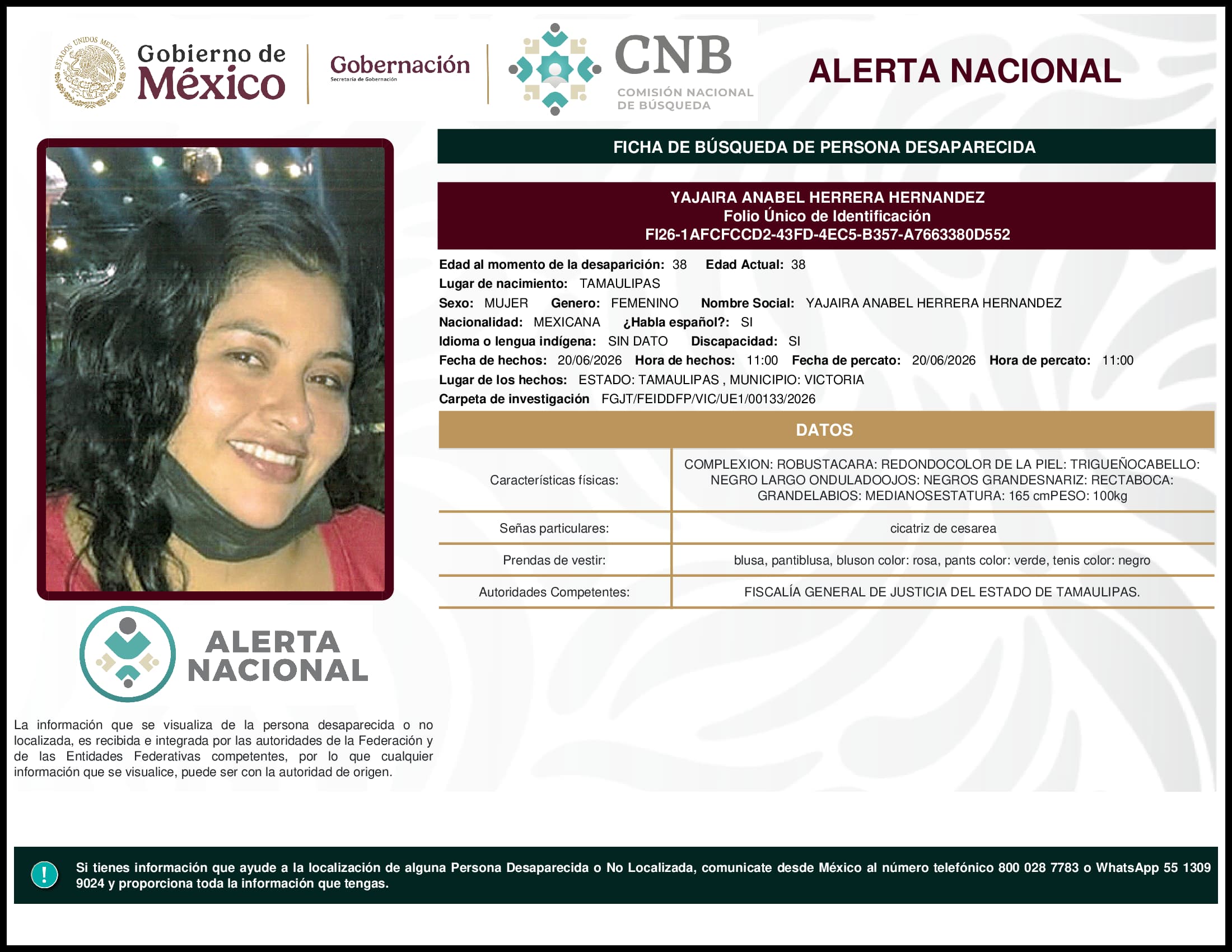 Persona desaparecida Yajaira Anabel Herrera Hernandez