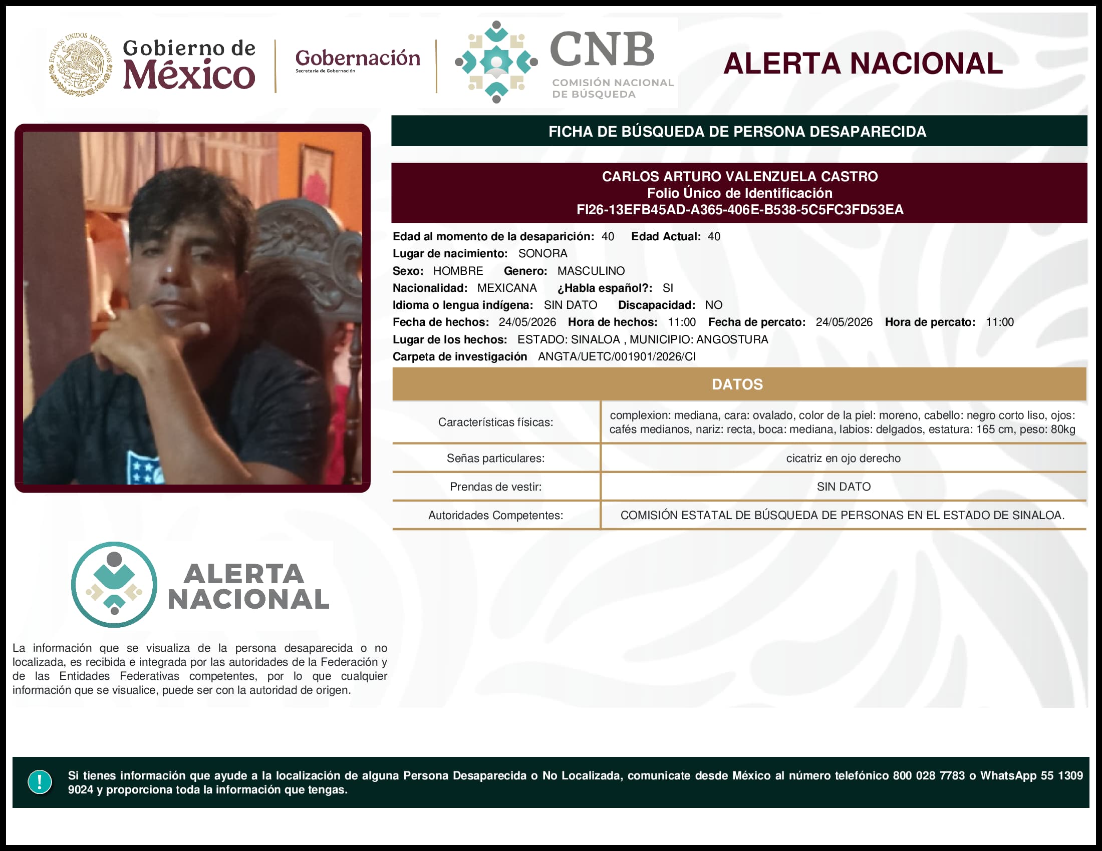 Persona desaparecida Carlos Arturo Valenzuela Castro