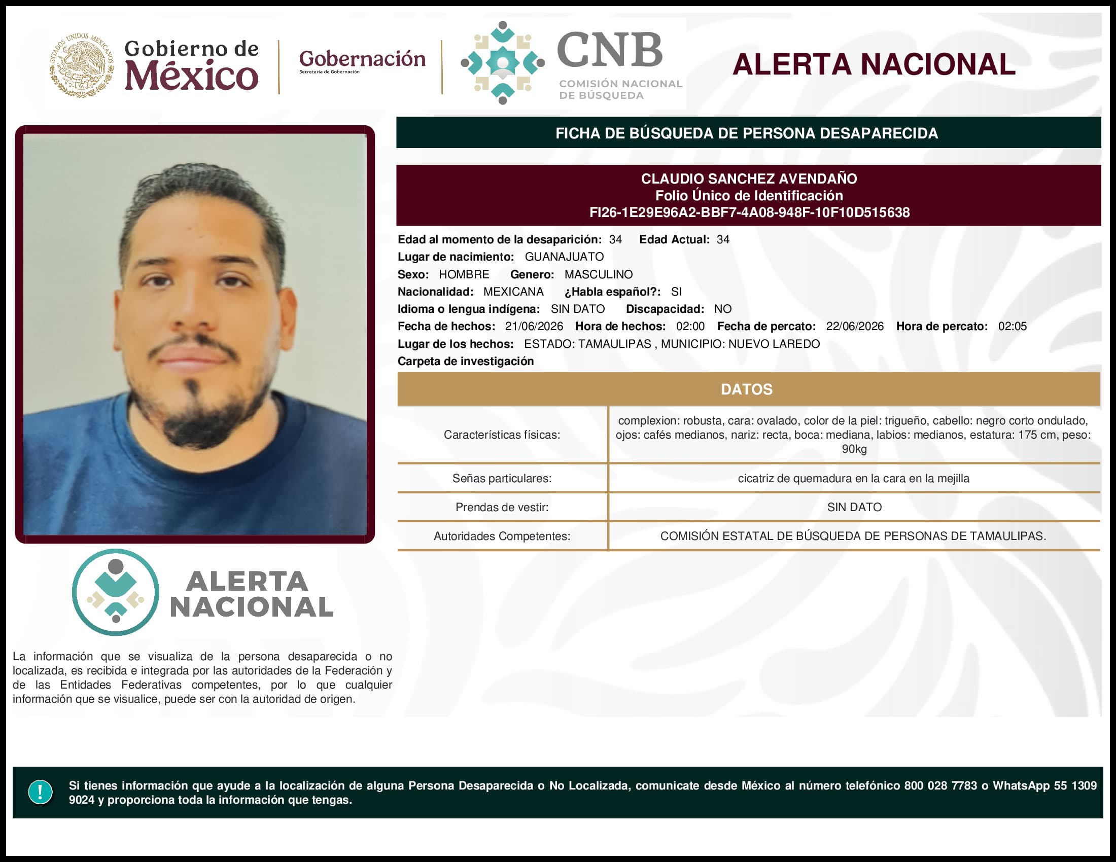 Persona desaparecida Claudio Sanchez Avendano