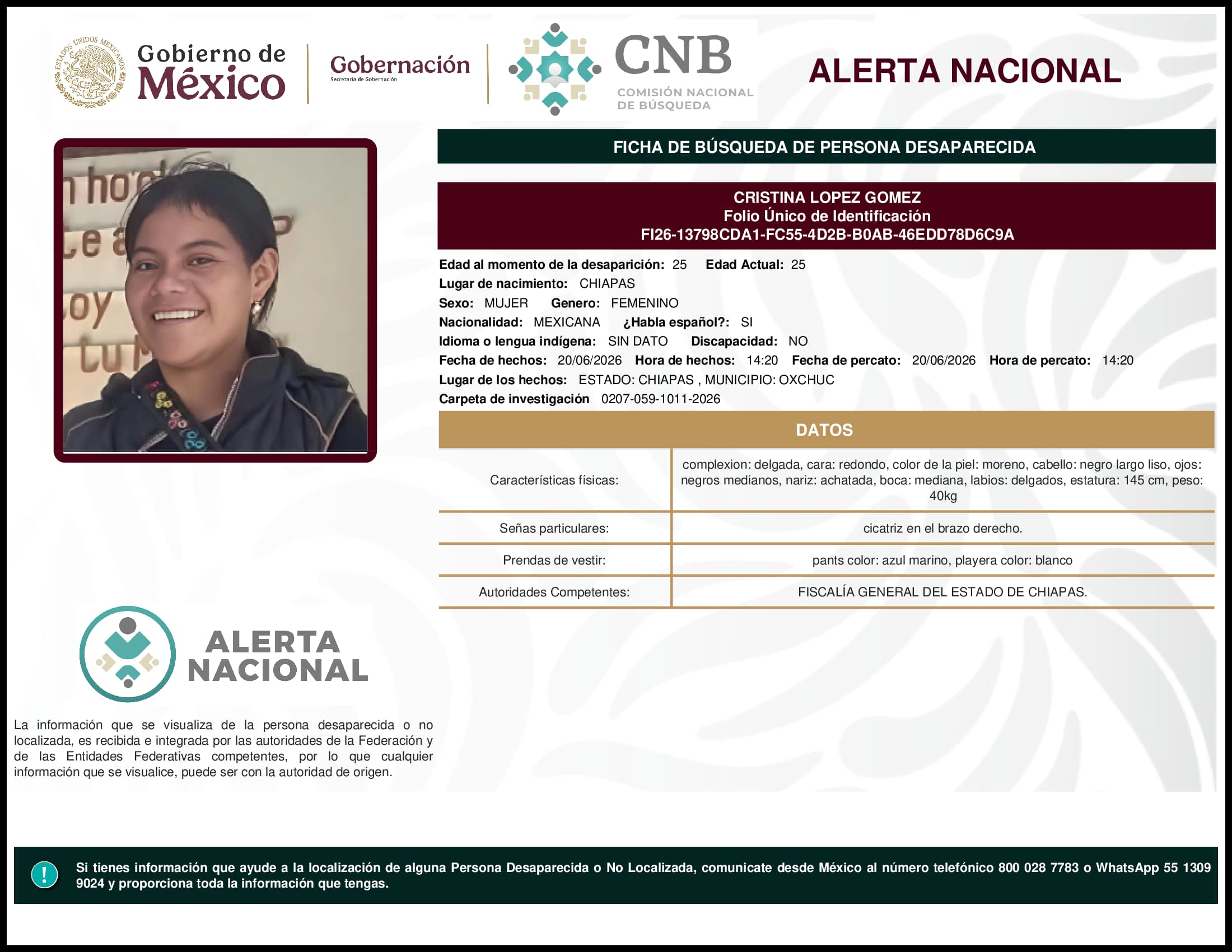 Persona desaparecida Cristina Lopez Gomez