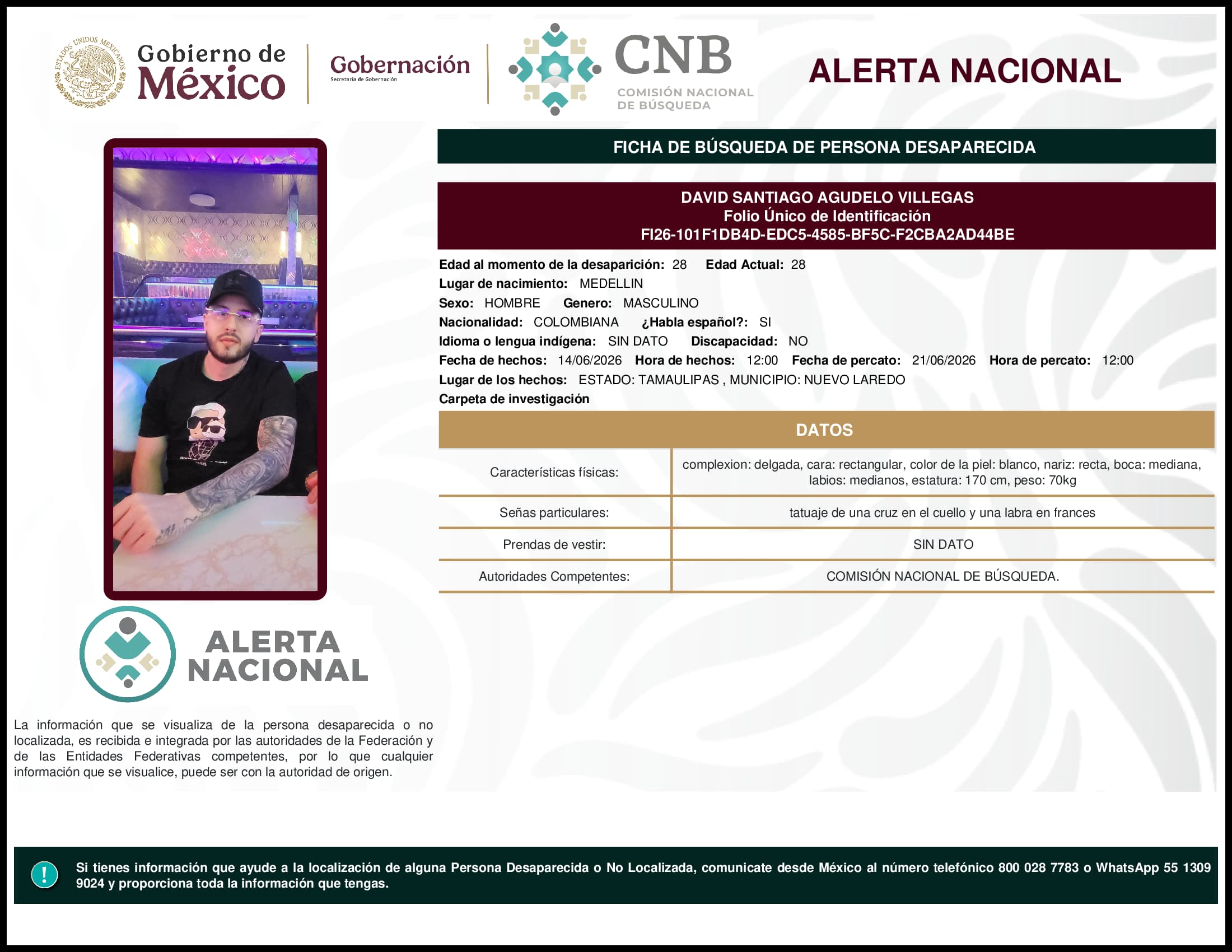 Persona desaparecida David Santiago Agudelo Villegas