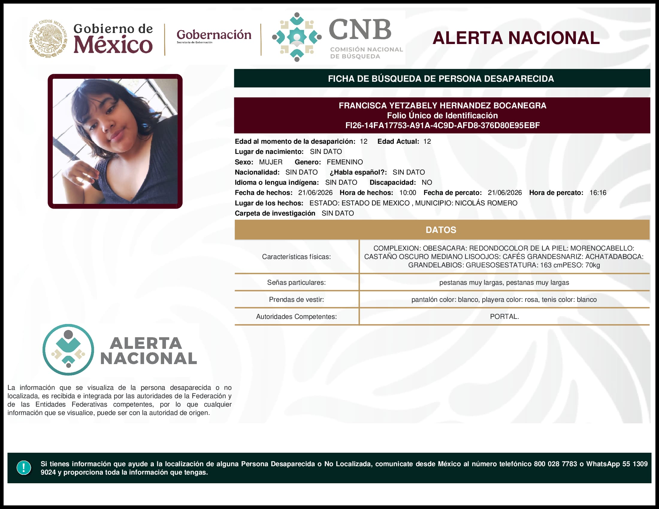 Persona desaparecida Francisca Yetzabely Hernandez Bocanegra