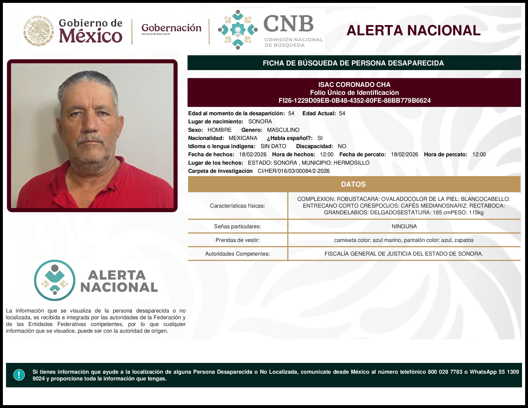 Persona desaparecida Isac Coronado Cha
